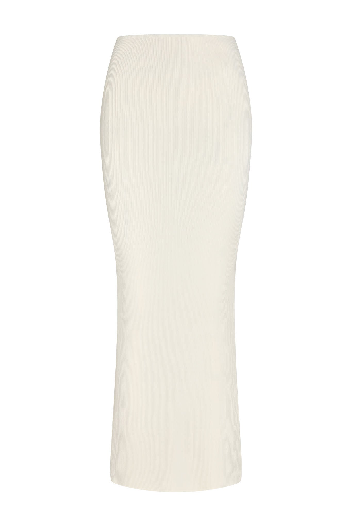 Cream ribbed knit maxi skirt, long fitted column silhouette with slight flare at hem