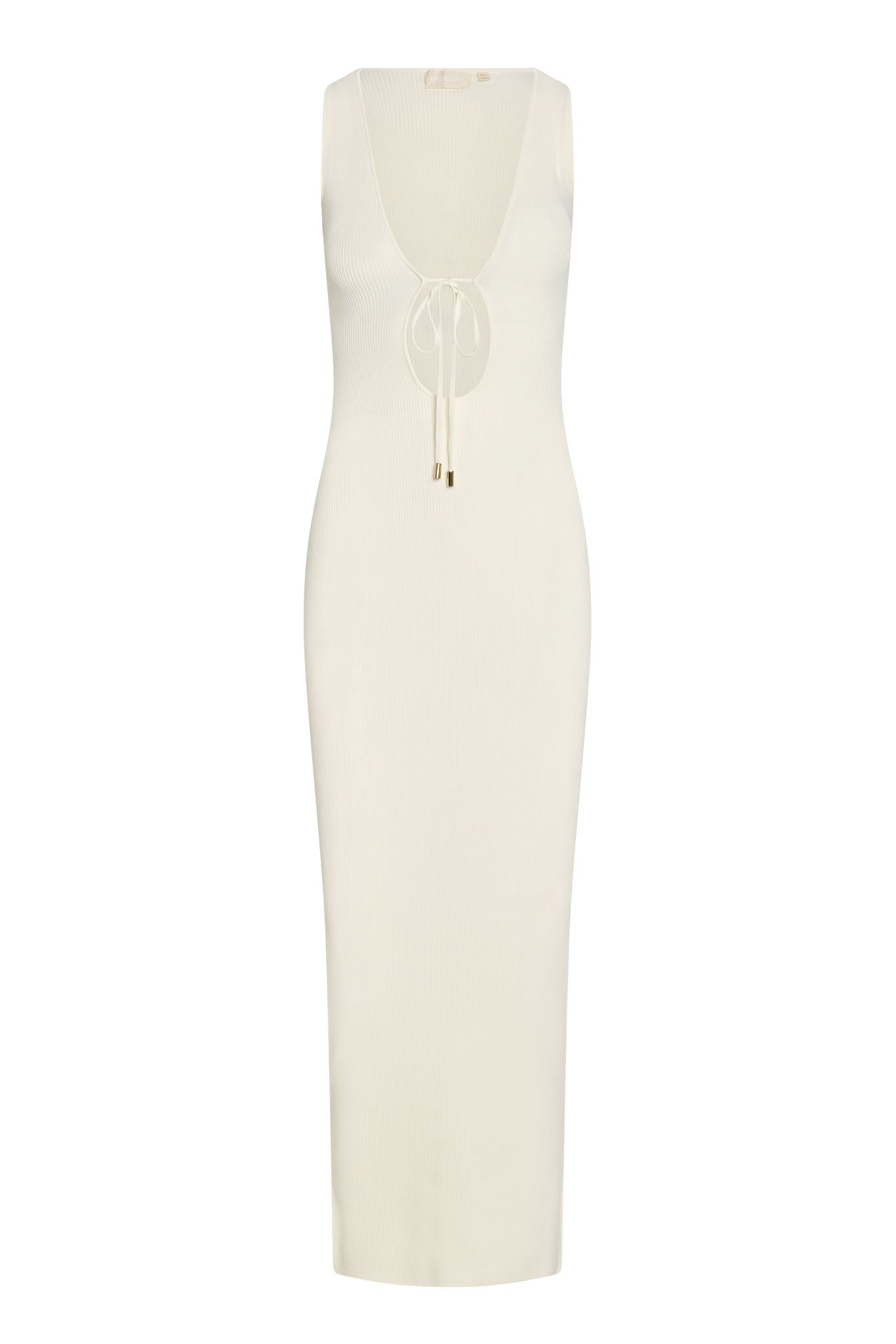 Cream ribbed sleeveless midi dress with deep scoop neckline, front keyhole and tie with gold aglets