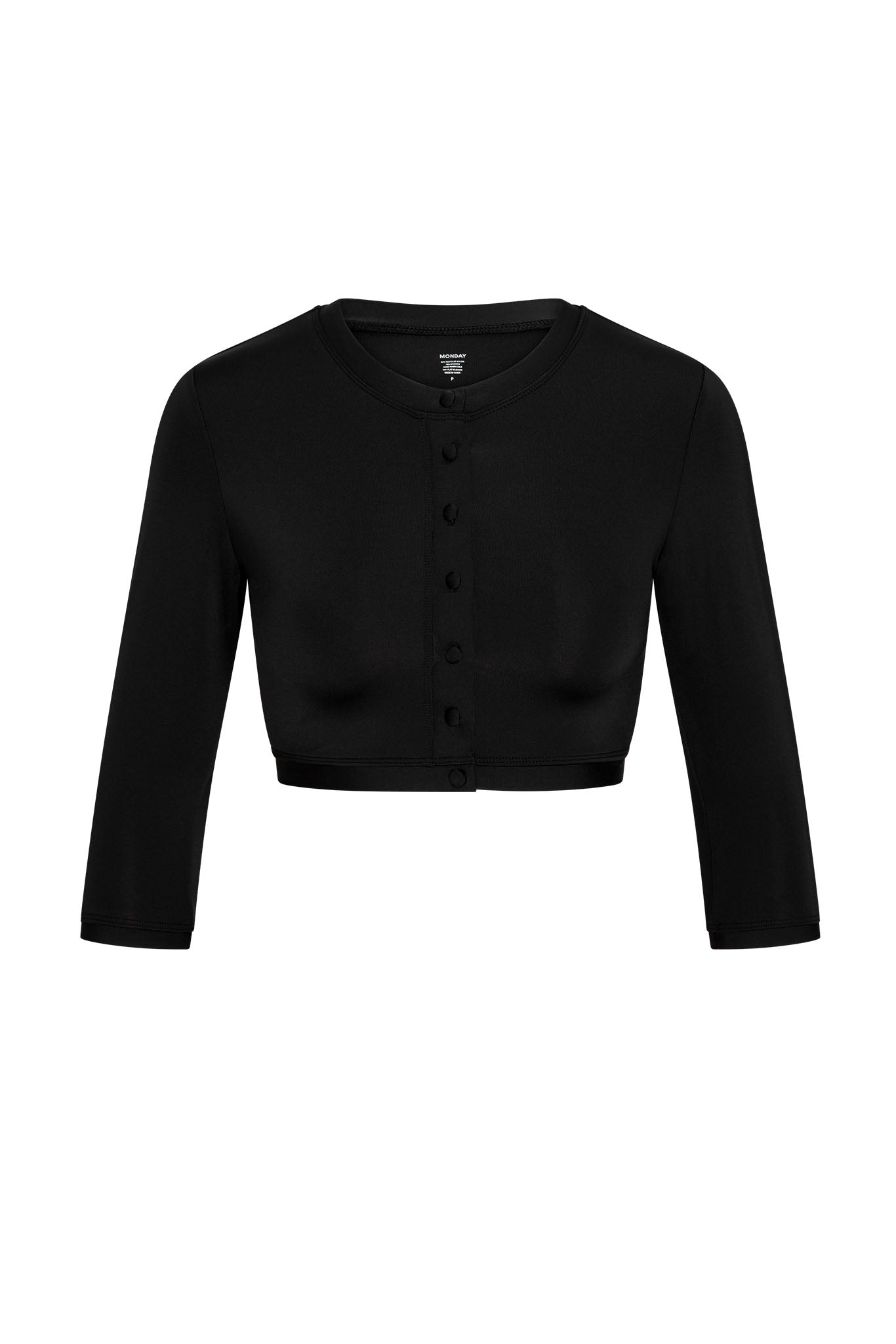 Black cropped button-front cardigan with three-quarter sleeves