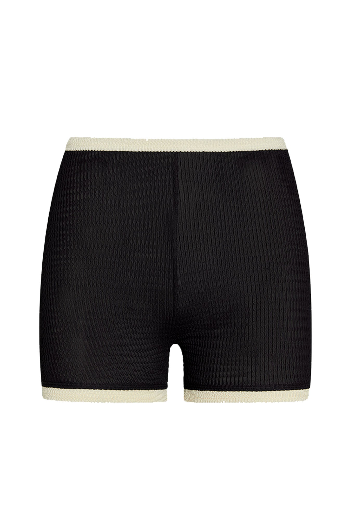 Black textured high-waist boxer shorts with cream trim at waistband and leg openings