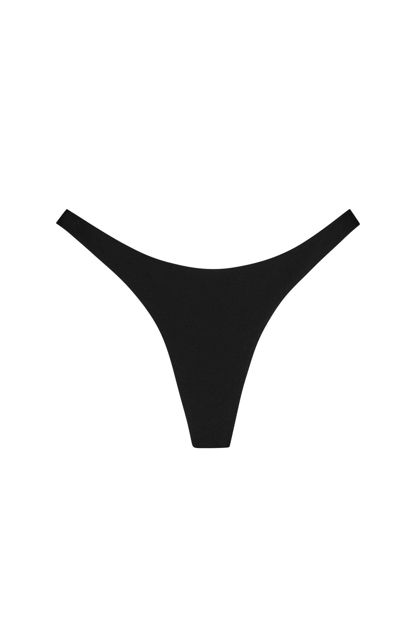Black thong-style bikini bottom centered on white background