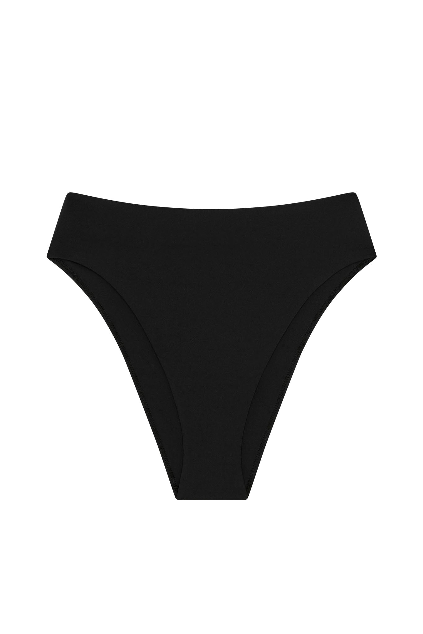 Black high-waist bikini bottom laid flat on white background