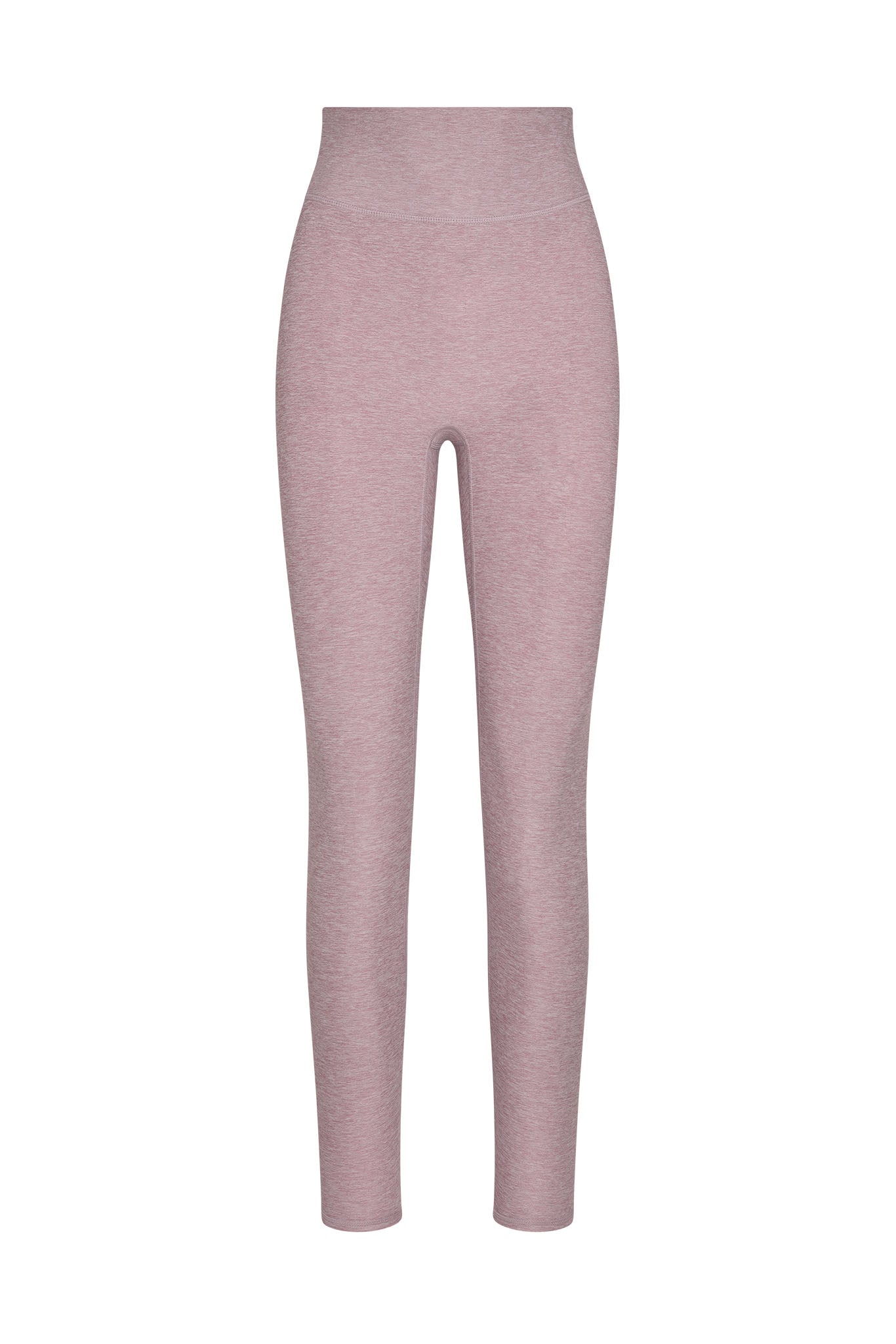 High-waisted mauve heathered women's full-length leggings, front view on white background