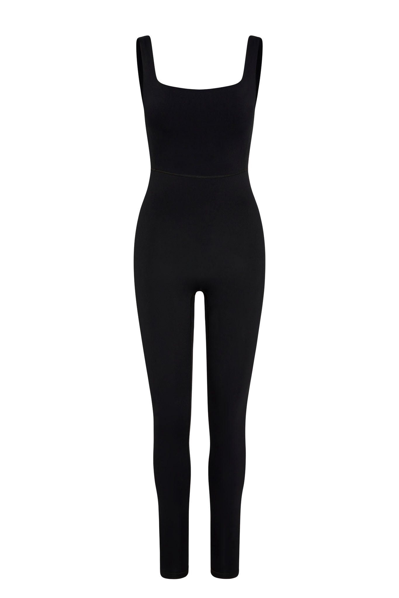 Black fitted sleeveless jumpsuit with square neckline, high waist seam and full-length tapered legs.
