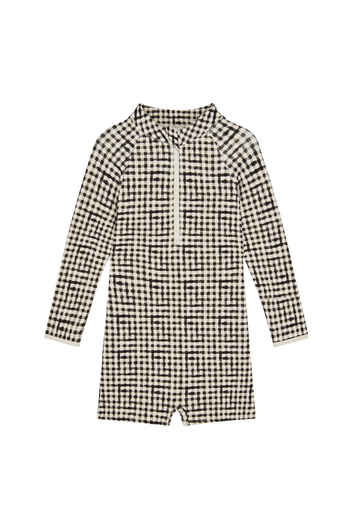 Children's long-sleeve one-piece rashguard with black-and-white gingham check and front half-zip.