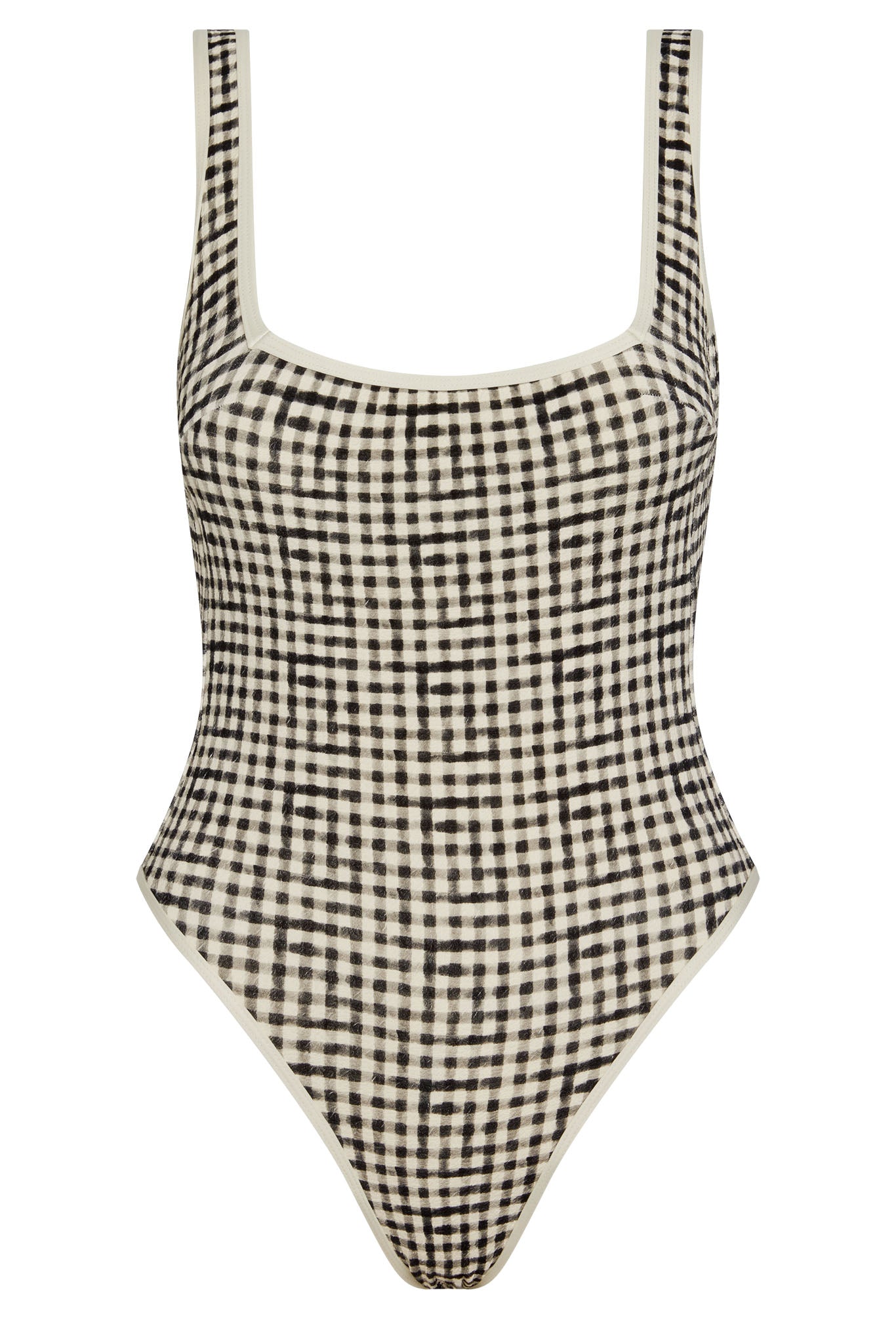 One-piece swimsuit, black-and-white gingham check, square neckline and high-cut leg