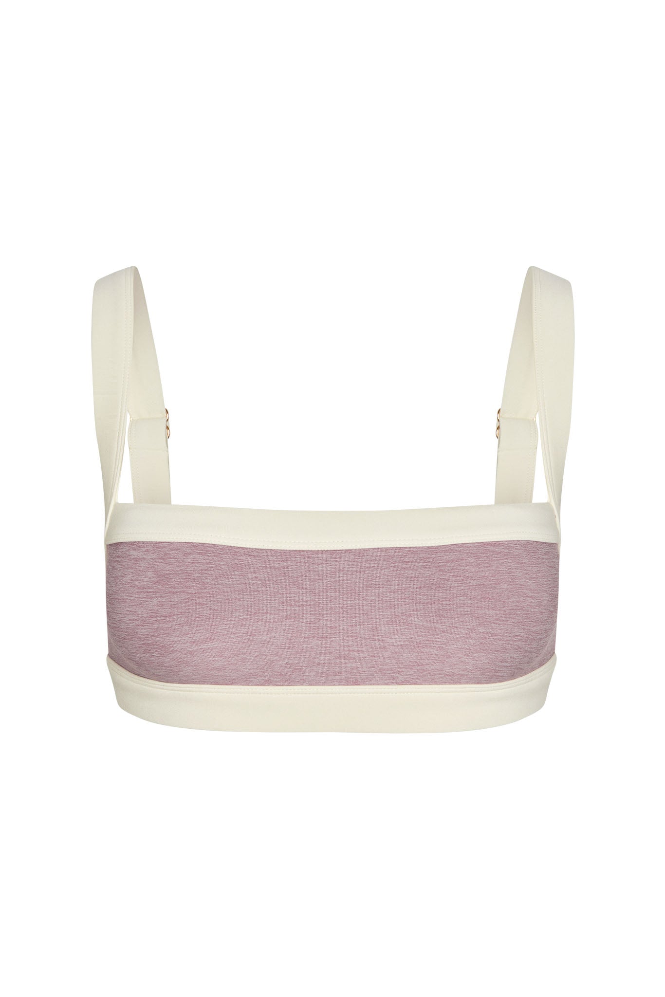 Back view of a heather-rose bandeau-style bra with cream adjustable shoulder straps and band.