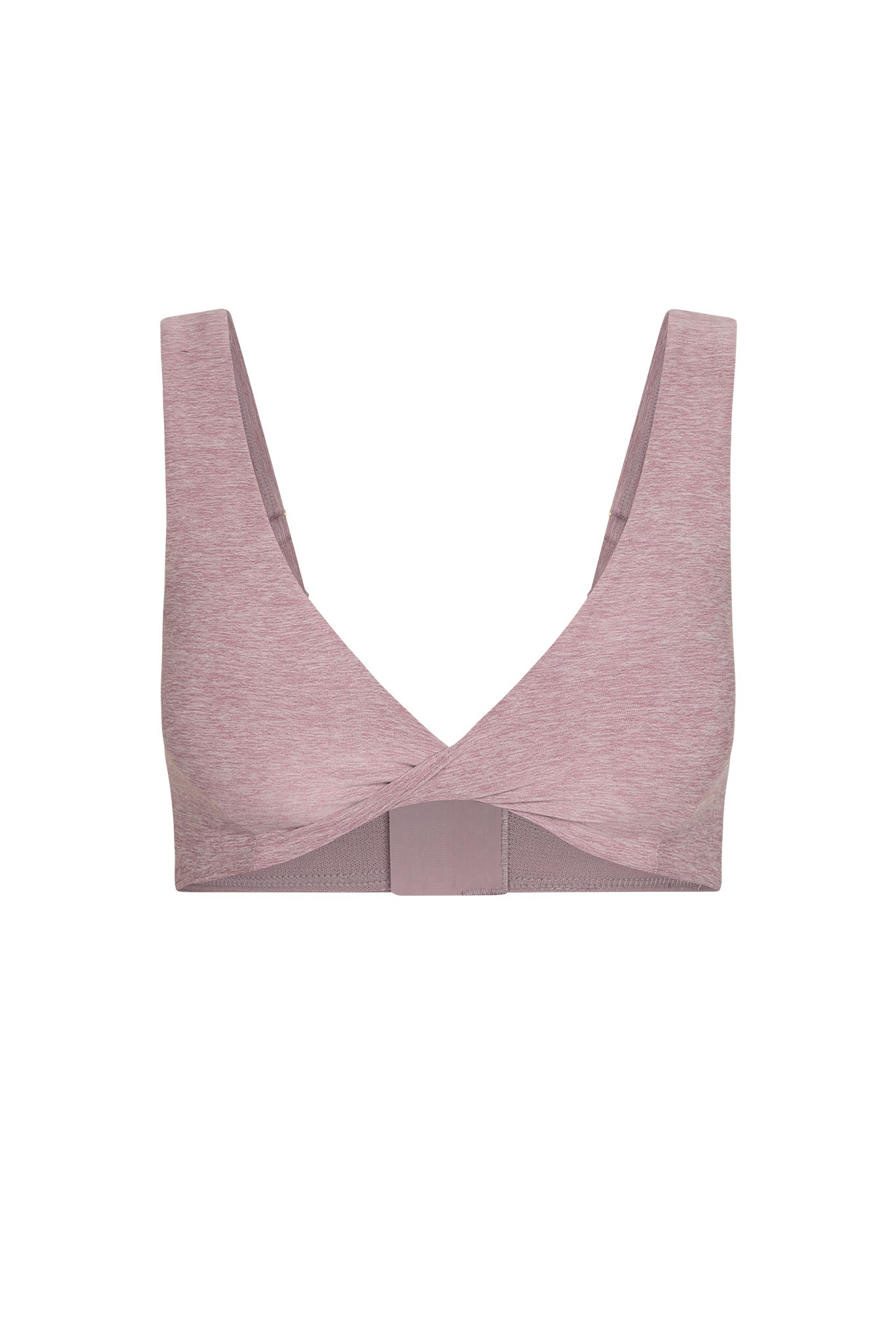 Heathered dusty-rose crossover-front wireless bra with wide straps and back hook closure