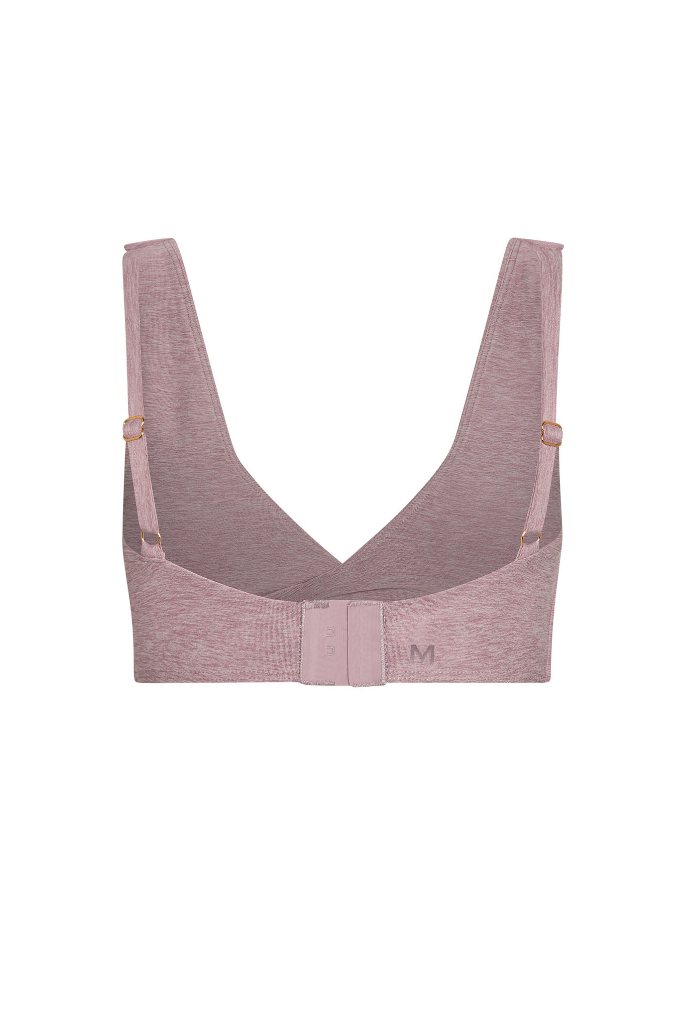 Dusty pink heathered V-back wireless bra with adjustable straps, center back hook-and-eye and 'M' on band.