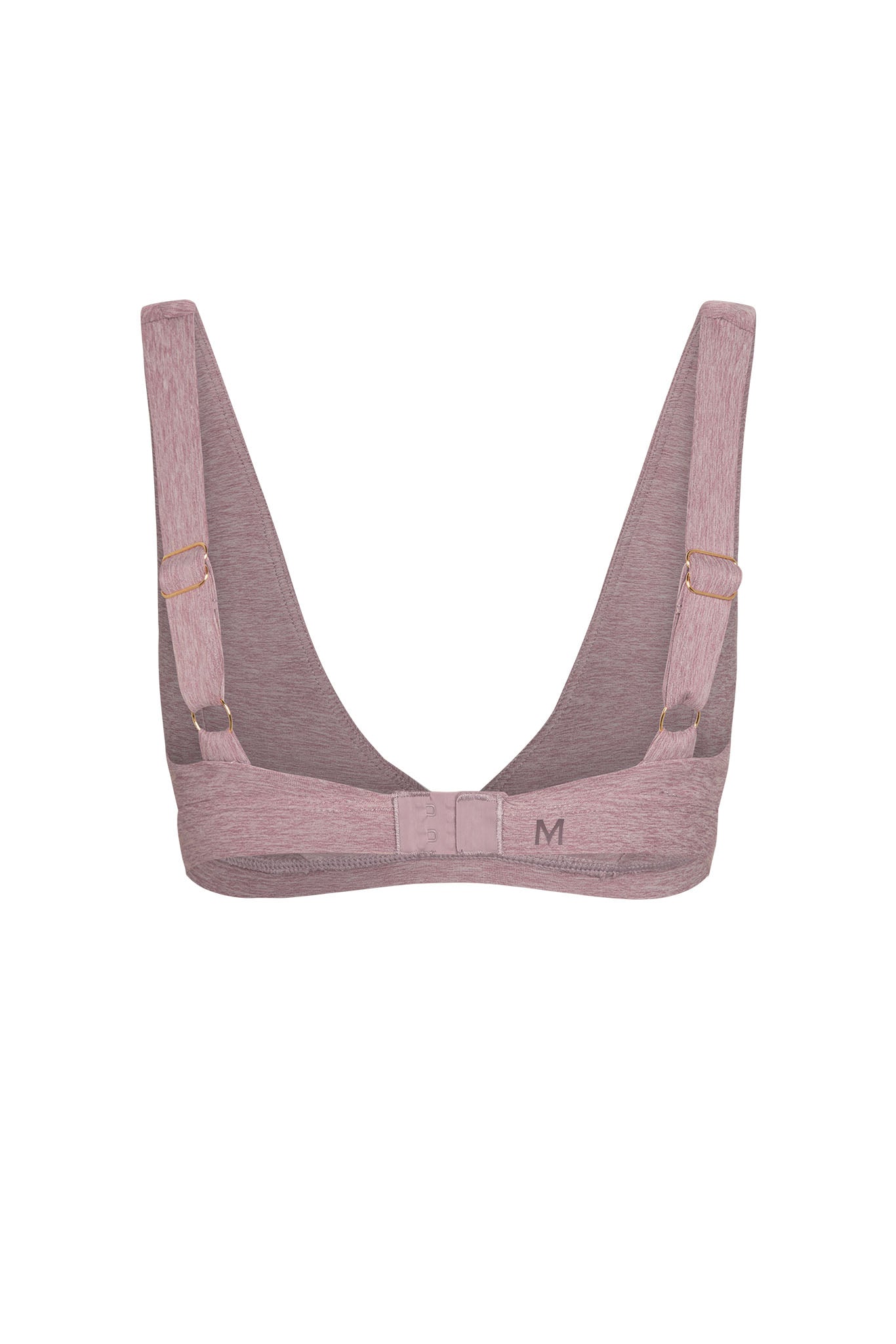 Back view of heathered rose bralette with adjustable straps, hook-and-eye closure and printed M size on band