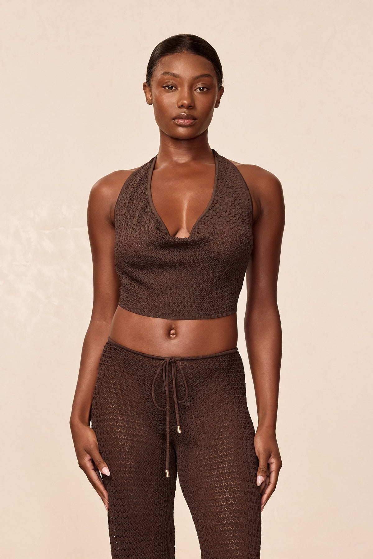 Bula Cowl Neck Top - Espresso Lace Crochet