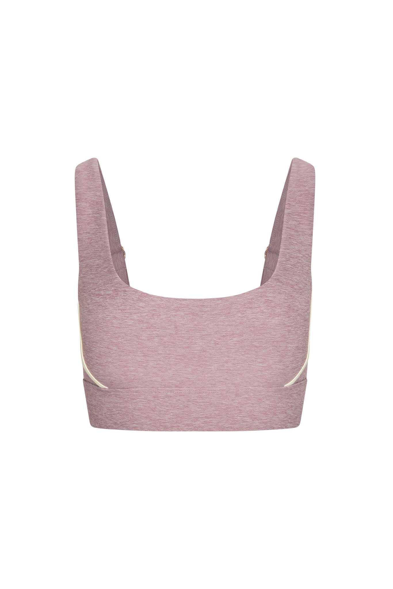 Back view of mauve heather sports bra with wide shoulder straps, scoop back and elasticized band.