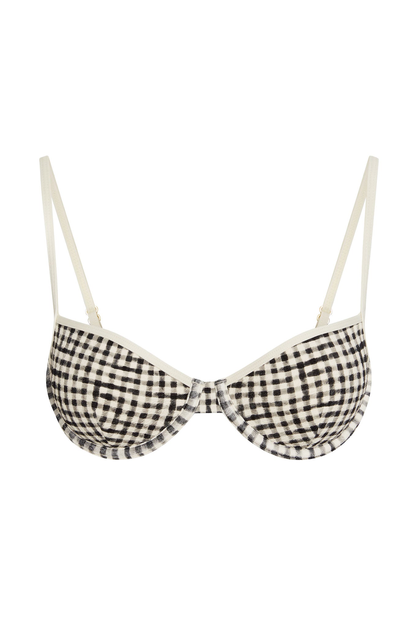Underwire bra in black-and-white gingham check pattern with cream adjustable shoulder straps