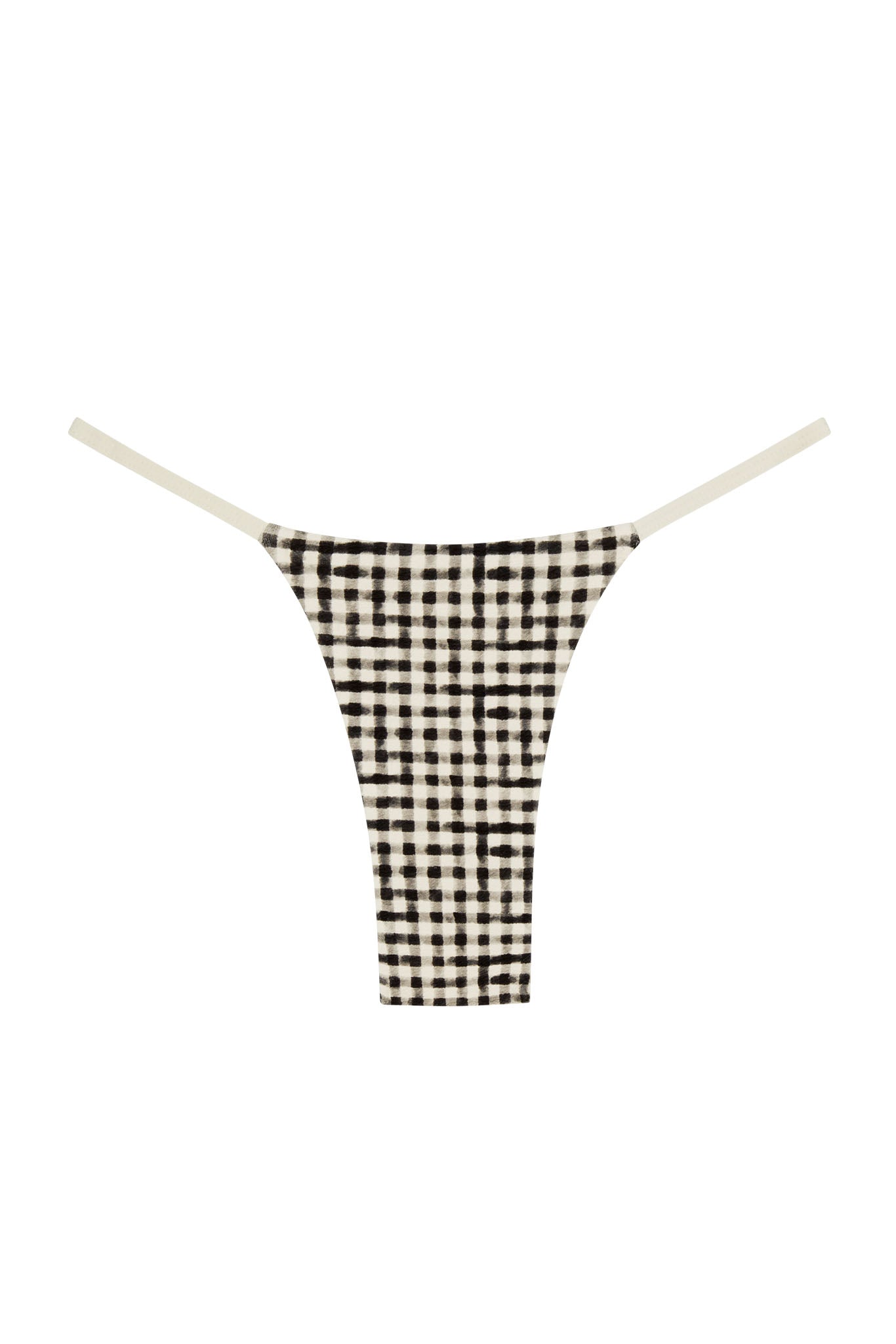 Gingham-print thong with thin cream side straps on white background