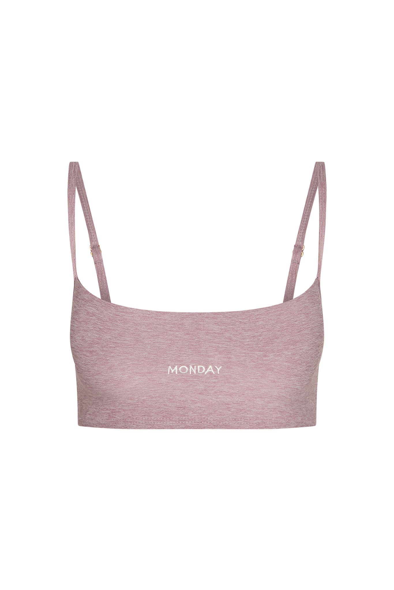 Heather-mauve cropped bra with thin adjustable straps and 'MONDAY' printed at center front.