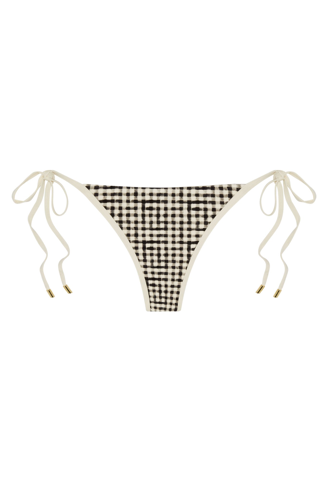 Gingham tie-side bikini bottom with black-and-white check print, cream binding and side ties with gold metal tips.