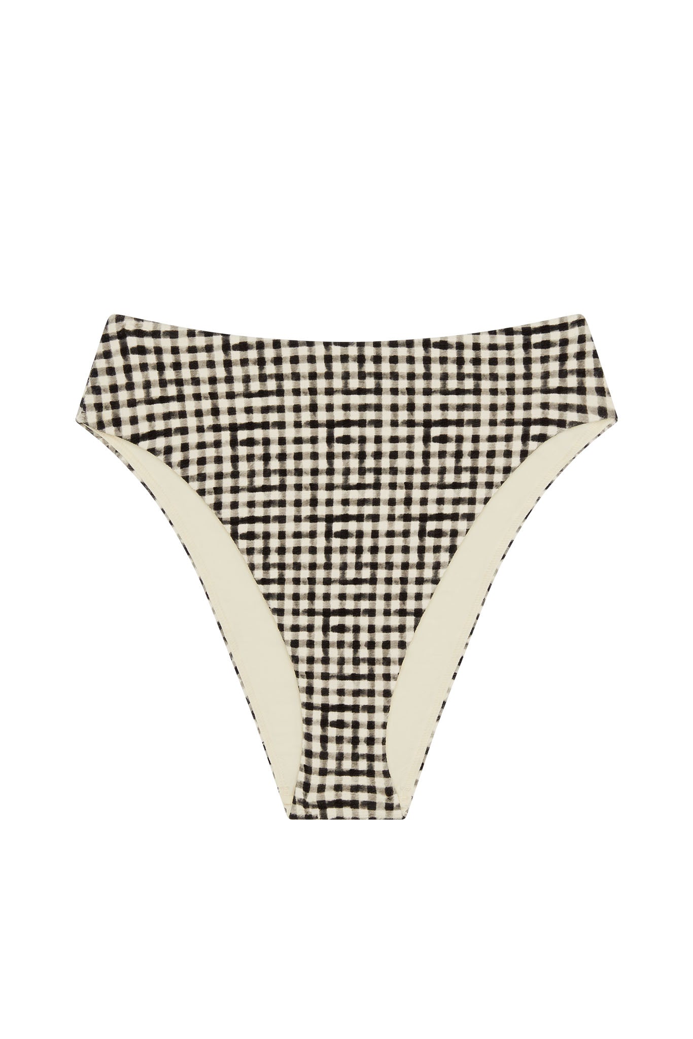 High-rise bikini bottom in black-and-white gingham check with cream inner panels
