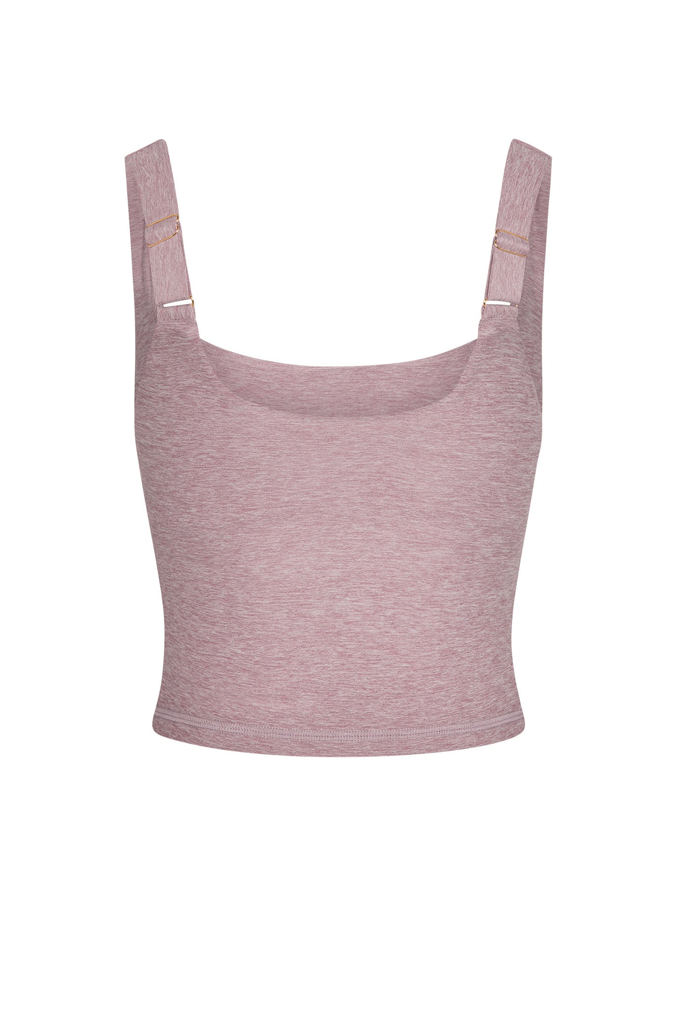 Heather-rose heathered cropped tank top with adjustable shoulder straps and gold sliders