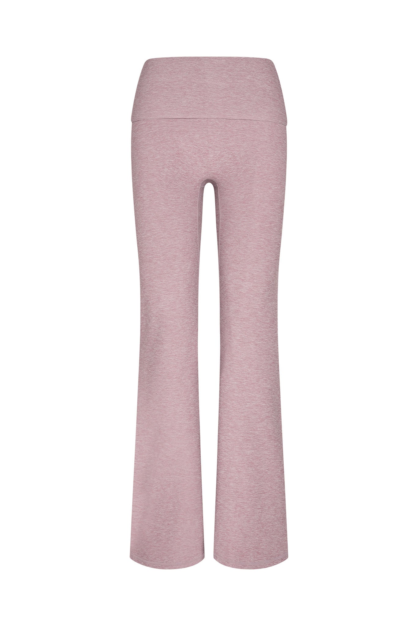 High-waist heathered dusty-rose flared yoga pants, back view
