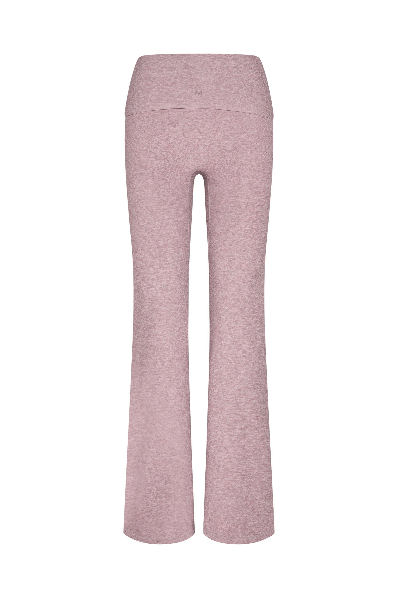 Back view of dusty rose heather flared yoga pants with small M logo at center back waistband