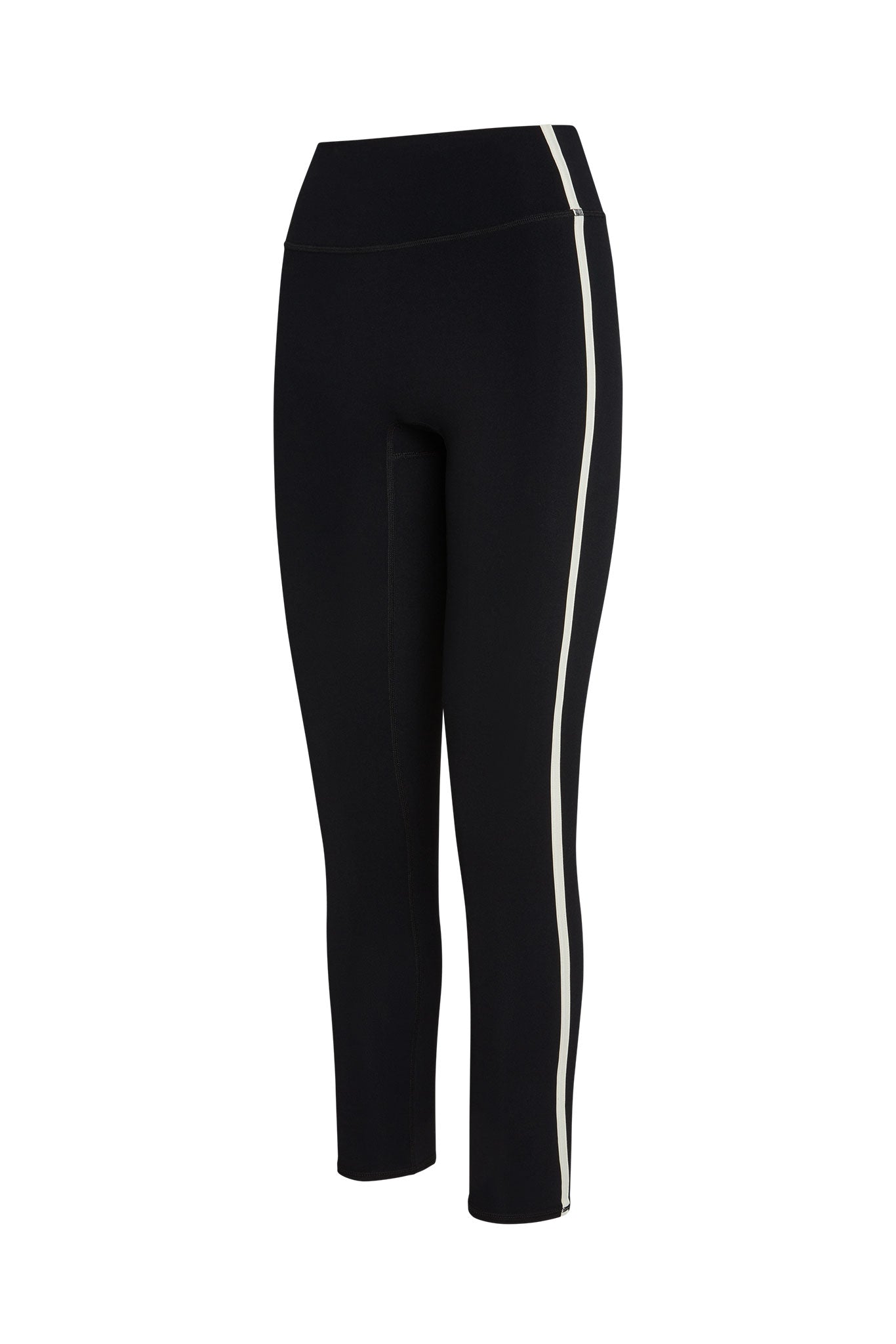 Black high-waist full-length leggings with white side stripe along outer leg