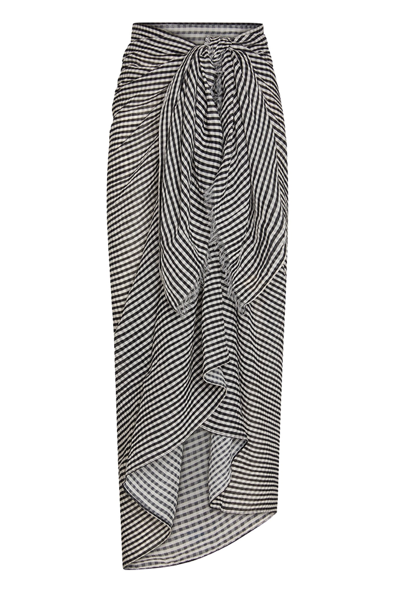 Black-and-white gingham wrap maxi skirt with front knot and asymmetrical ruffled drape