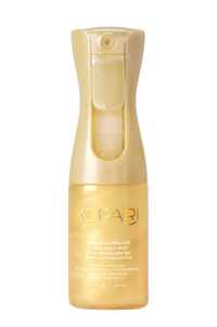 Front view of Kopari Golden Sunglaze Sheer Body Mist SPF 50, trigger spray mister and gold 5 fl oz bottle on white background