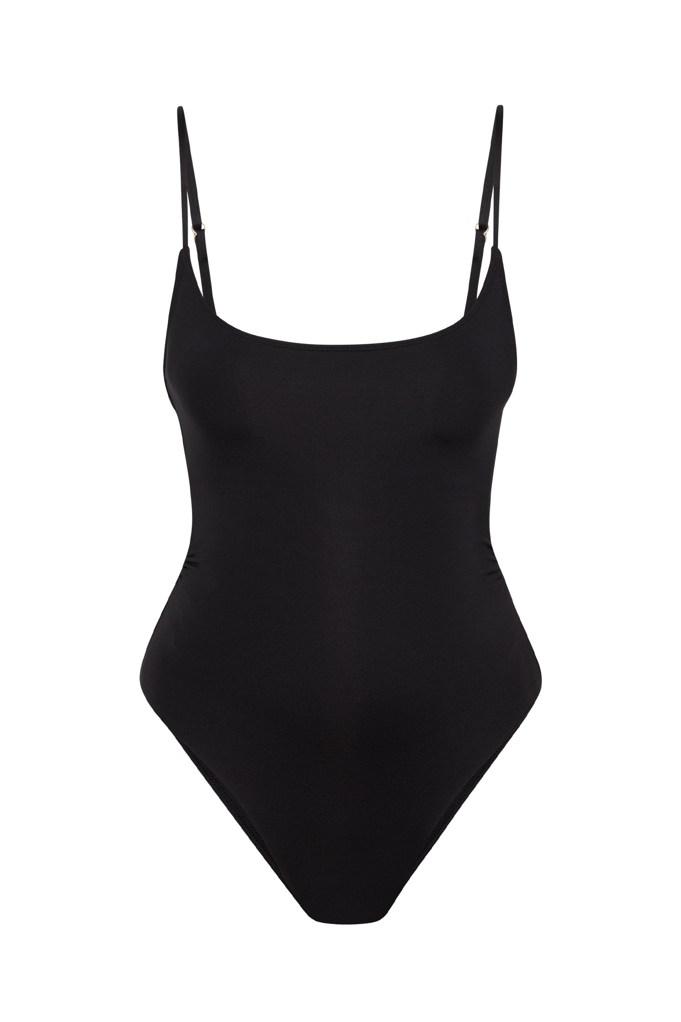 Black one-piece swimsuit with thin adjustable shoulder straps and scoop neckline.