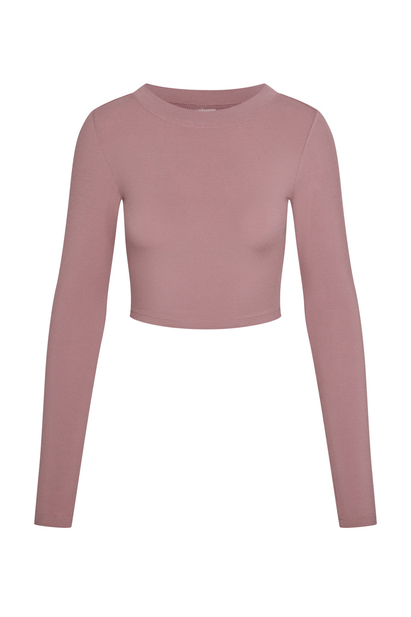 Dusty rose ribbed long-sleeve cropped crew-neck top on white background