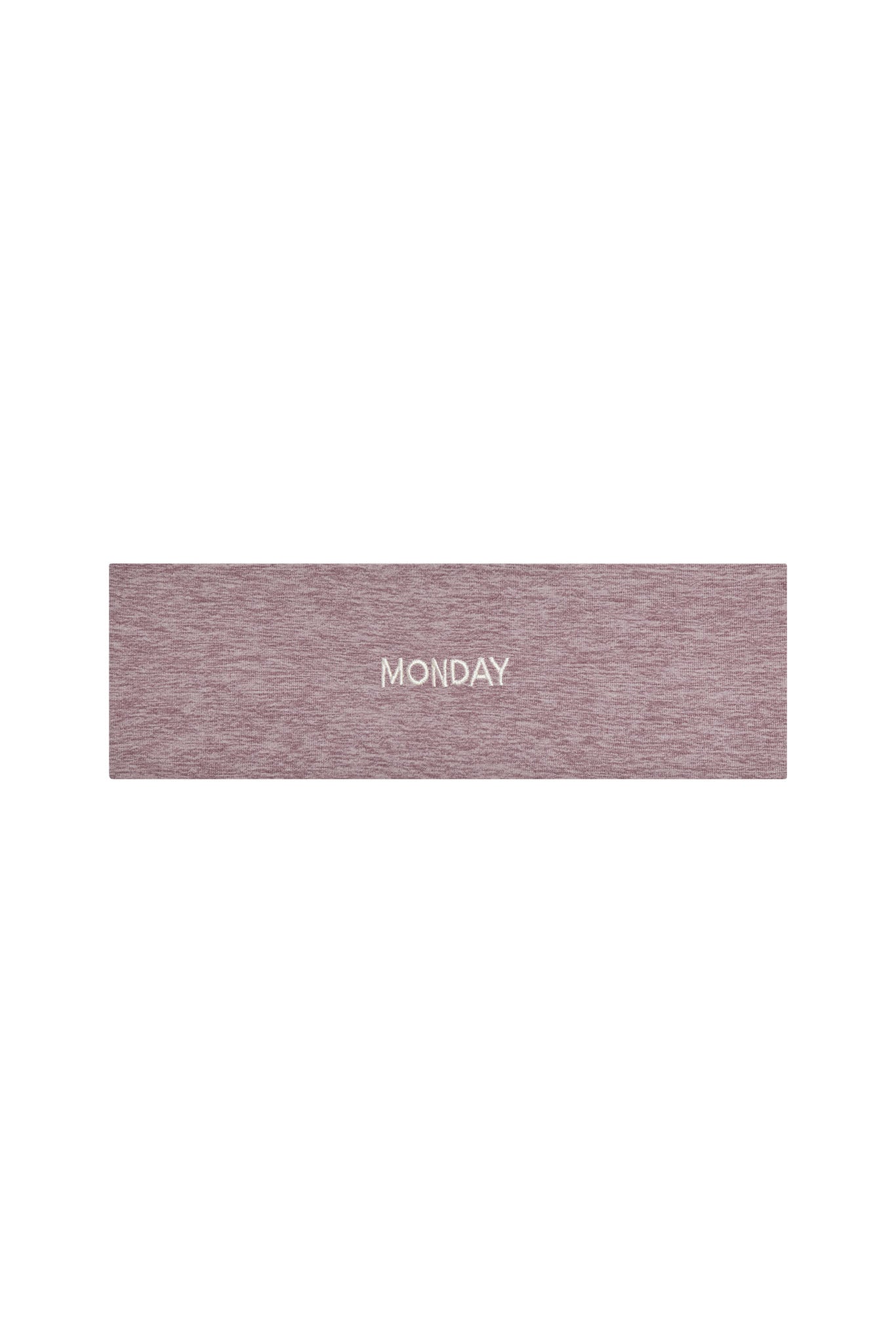 Heathered mauve fabric headband with white embroidered text MONDAY centered