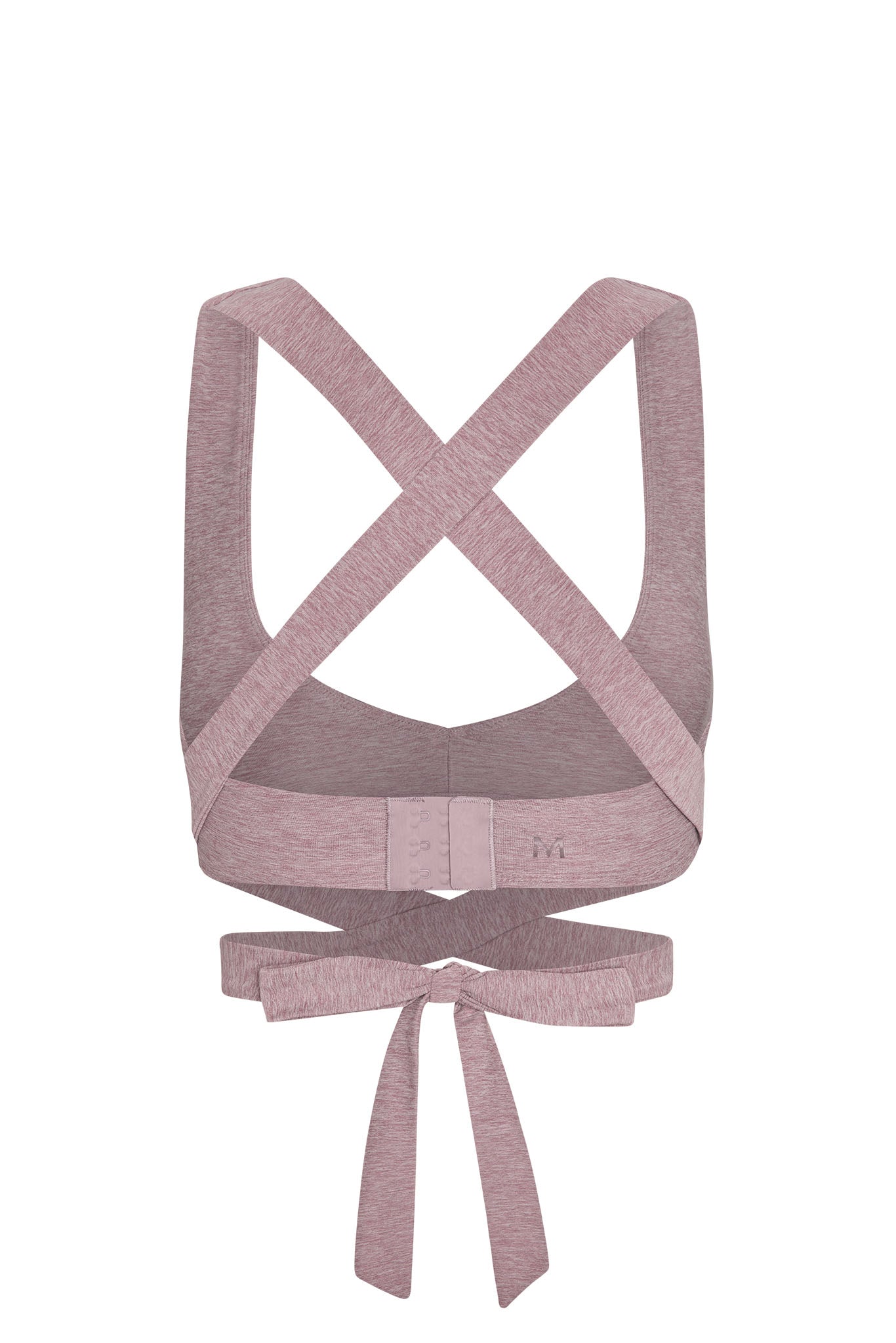 Dusty rose heather sports bra back with crossed X straps, hook-and-eye band and tied wrap bow, embroidered 'M' on band