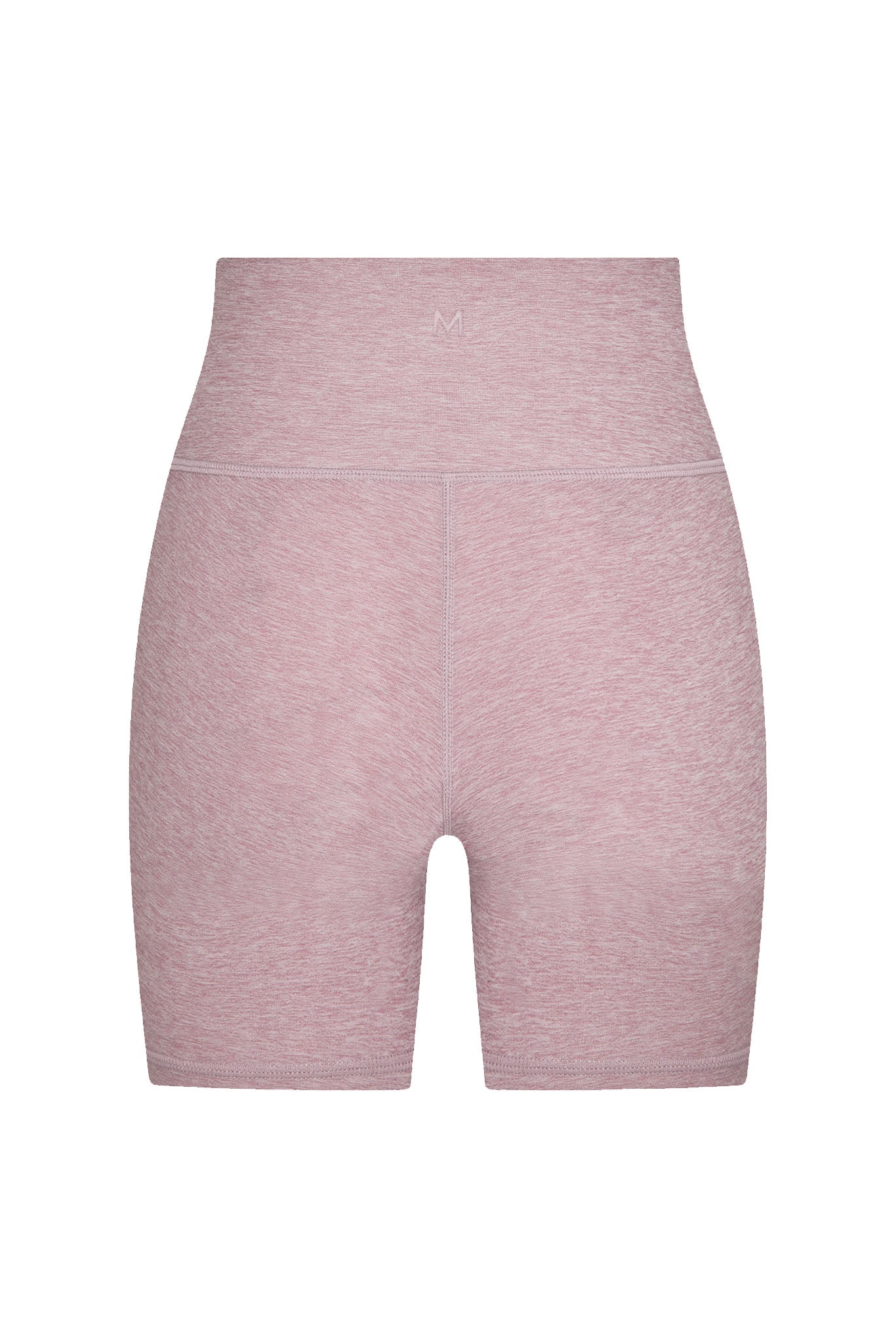 High-waist mauve heathered bike shorts with small embossed 'M' logo at front center.