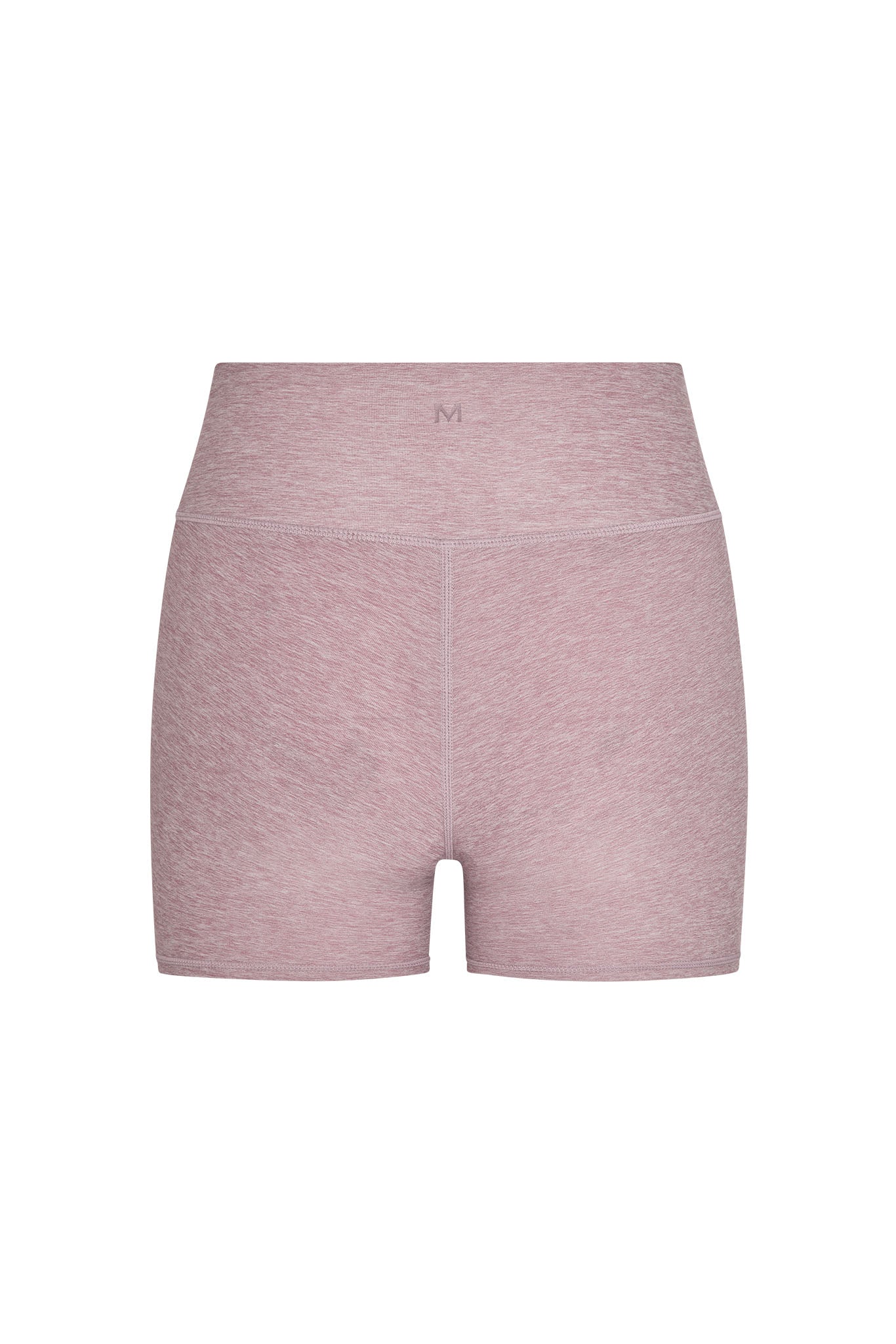 High-waisted heathered rose athletic shorts with small embossed 'M' centered on the waistband