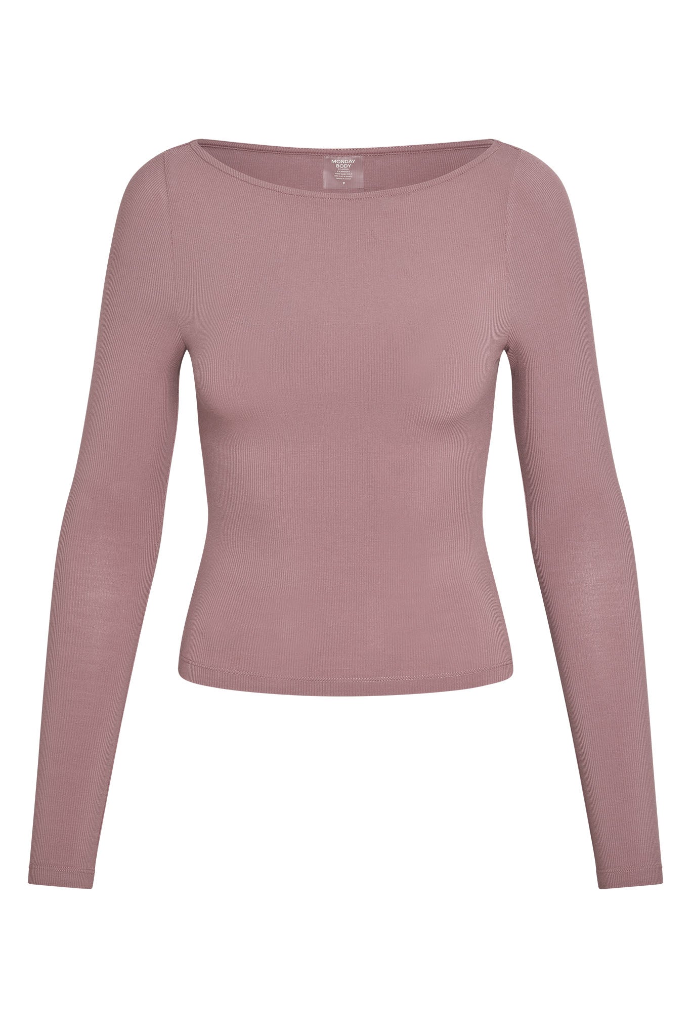 Fitted ribbed long-sleeve mauve top with boat neckline, label reading 'MONDAY BODY'