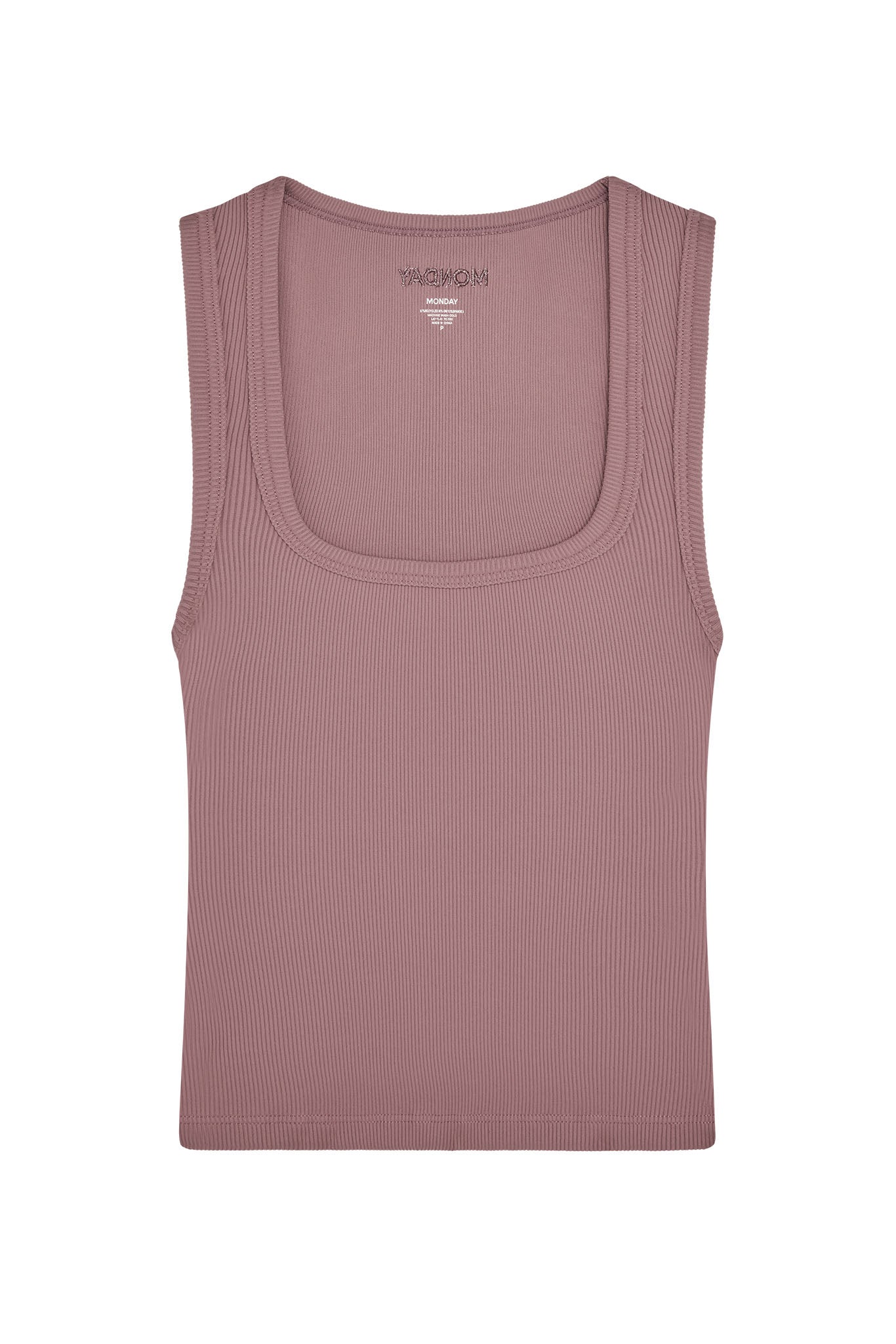 Mauve thin-rib square-neck tank top with visible MONDAY brand print at inner neckline