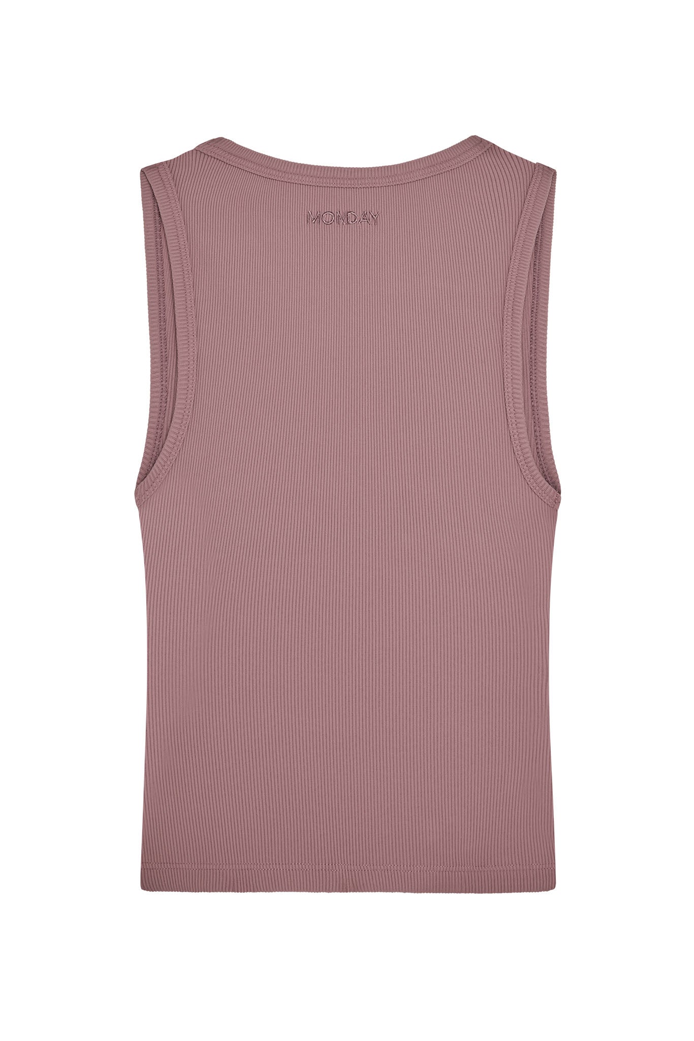Ribbed mauve sleeveless tank top showing back with small embroidered MONDAY near the neckline.