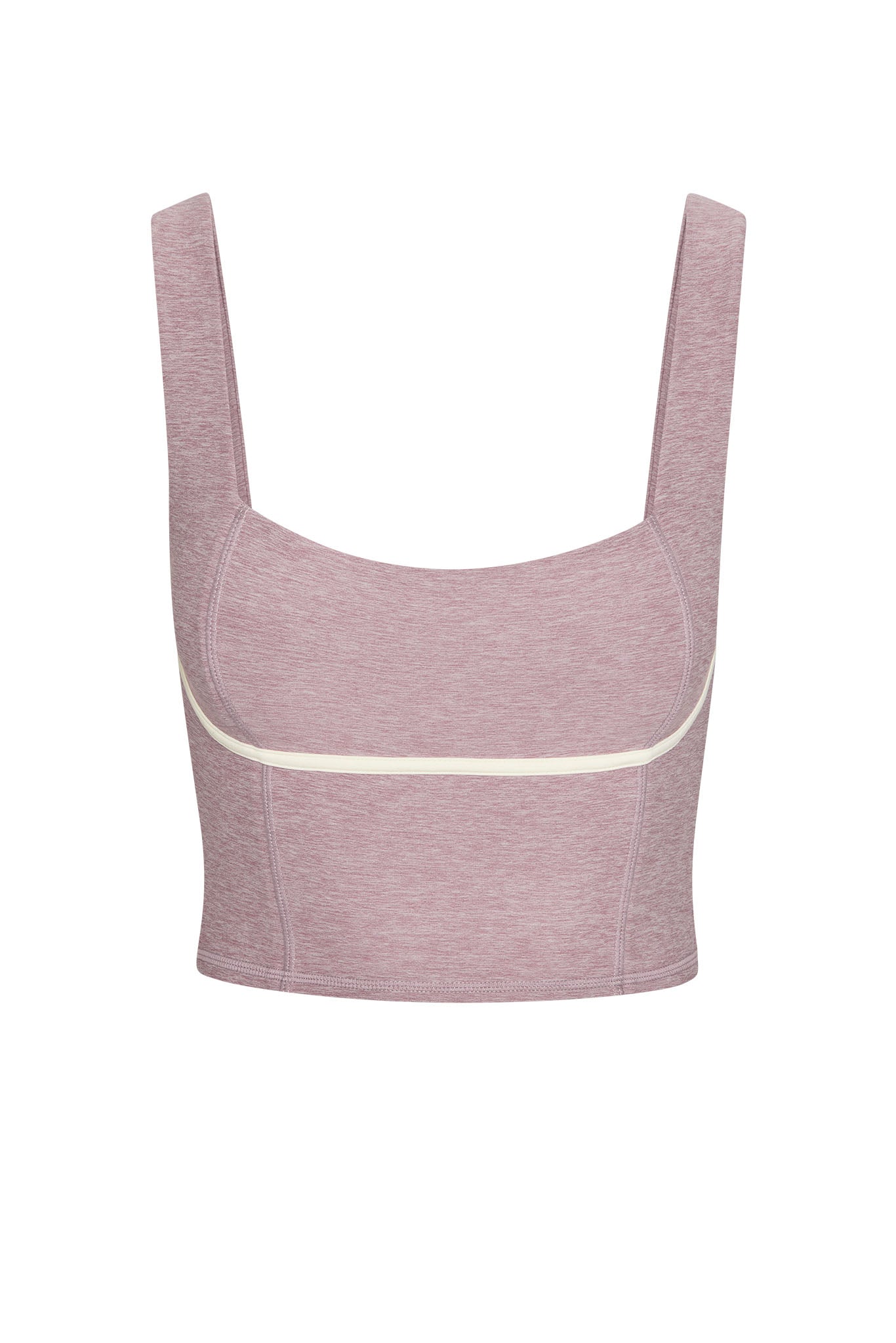 Heather-mauve cropped tank with wide straps and ivory horizontal piping across back