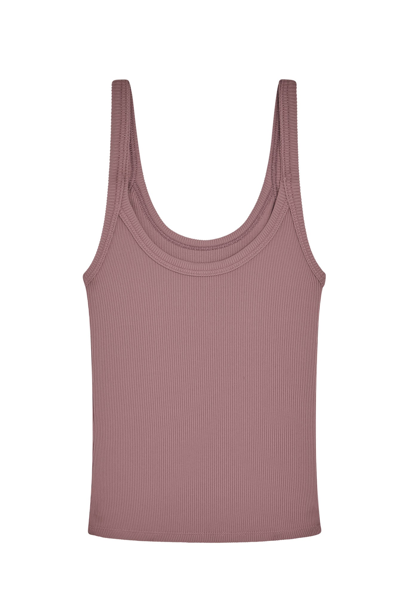 Mauve ribbed scoop-neck sleeveless tank top laid flat on white background