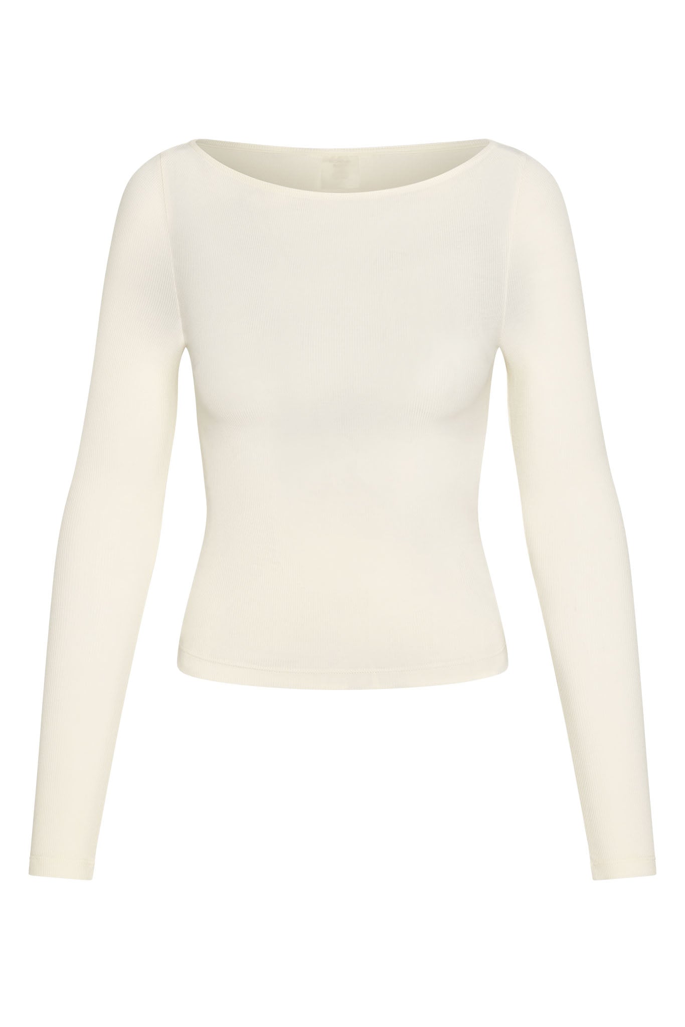 Cream ribbed long-sleeve fitted top with boat neckline and slightly cropped hem