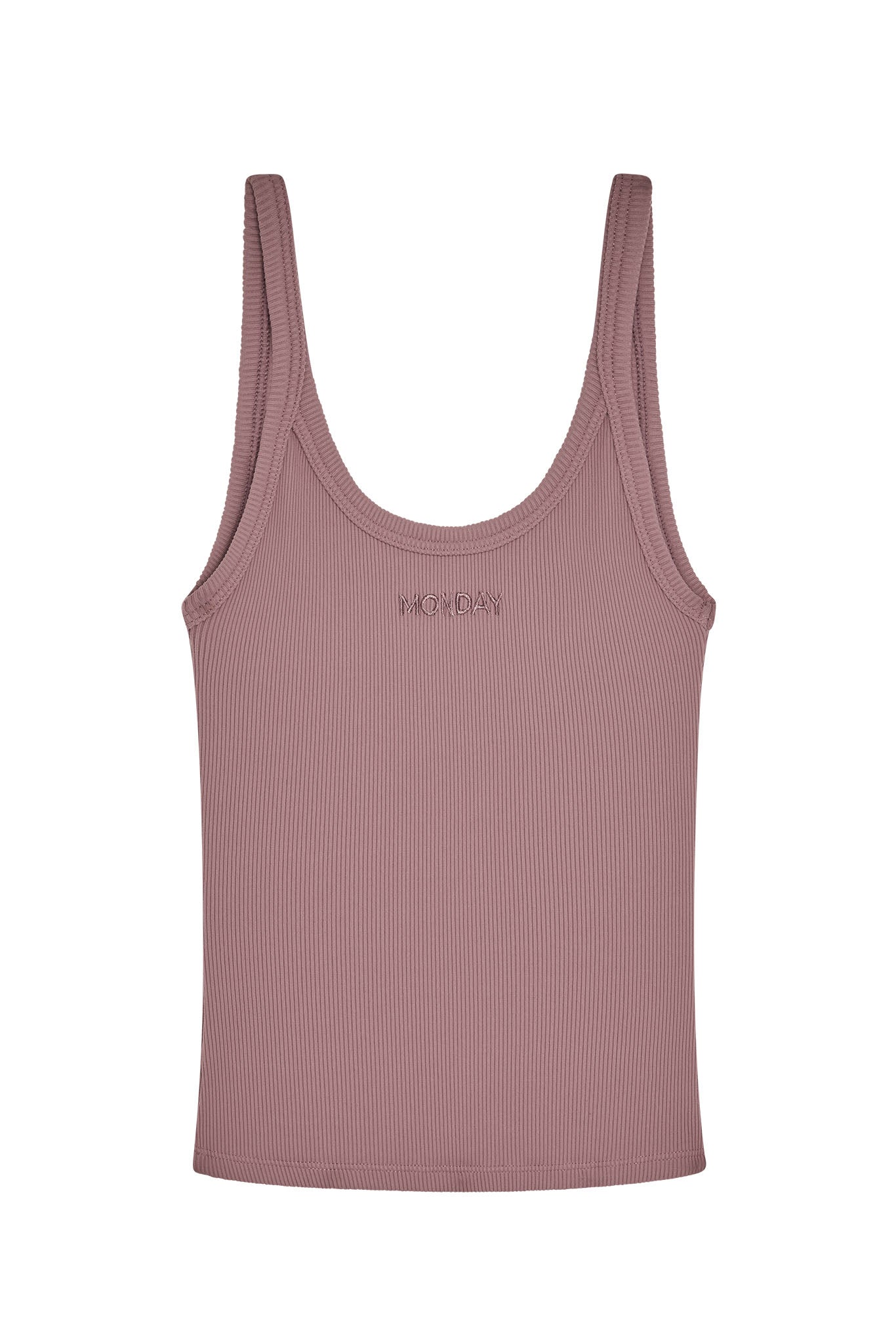 Ribbed mauve tank top with MONDAY embroidered at center front