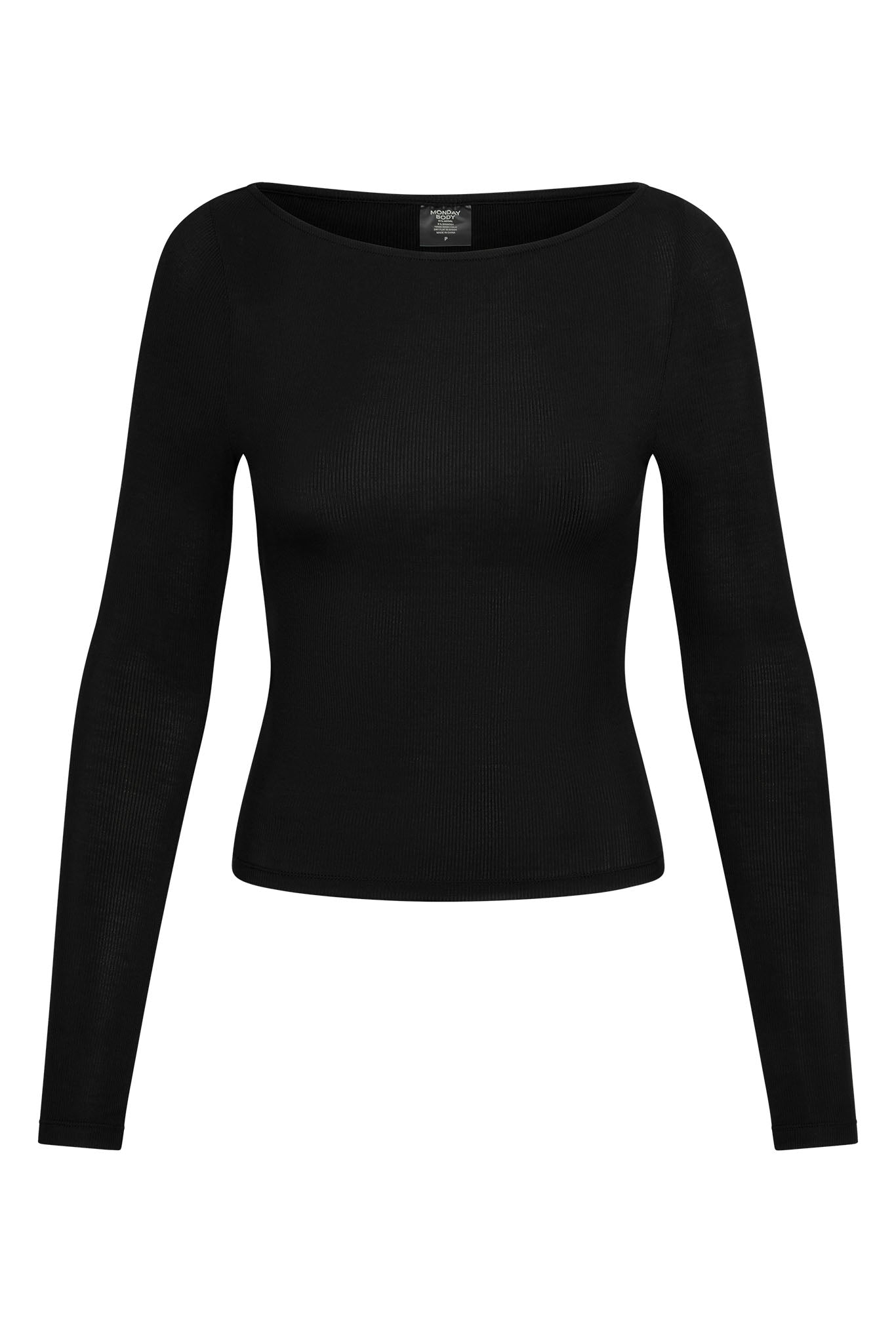 Black ribbed long-sleeve fitted top with boat neckline; label: MONDAY BODY P