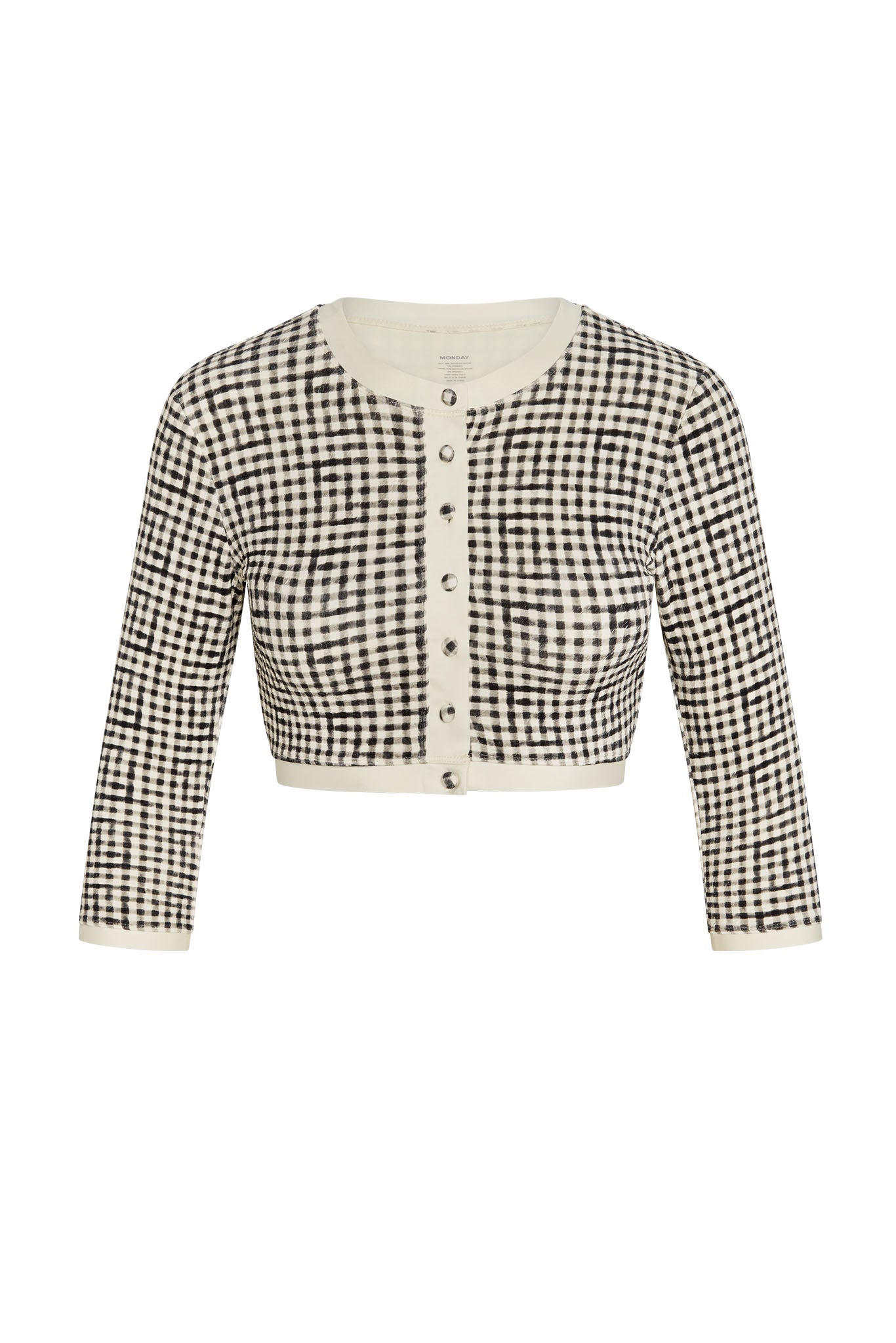 Cropped cream-and-black gingham button-front cardigan with three-quarter sleeves, label MONDAY inside collar