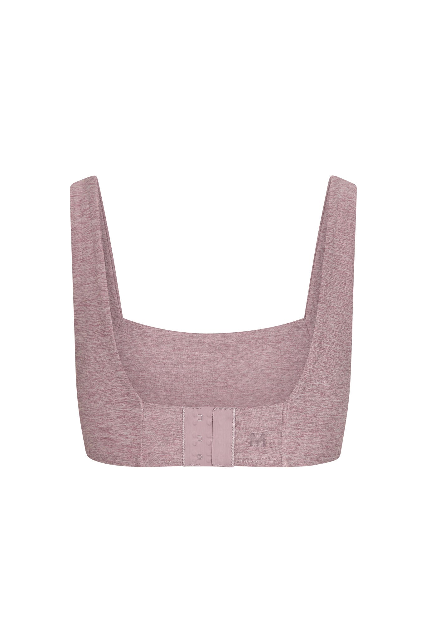 Back view of mauve heathered sports bra with three-hook closure and 'M' size marking on the band.