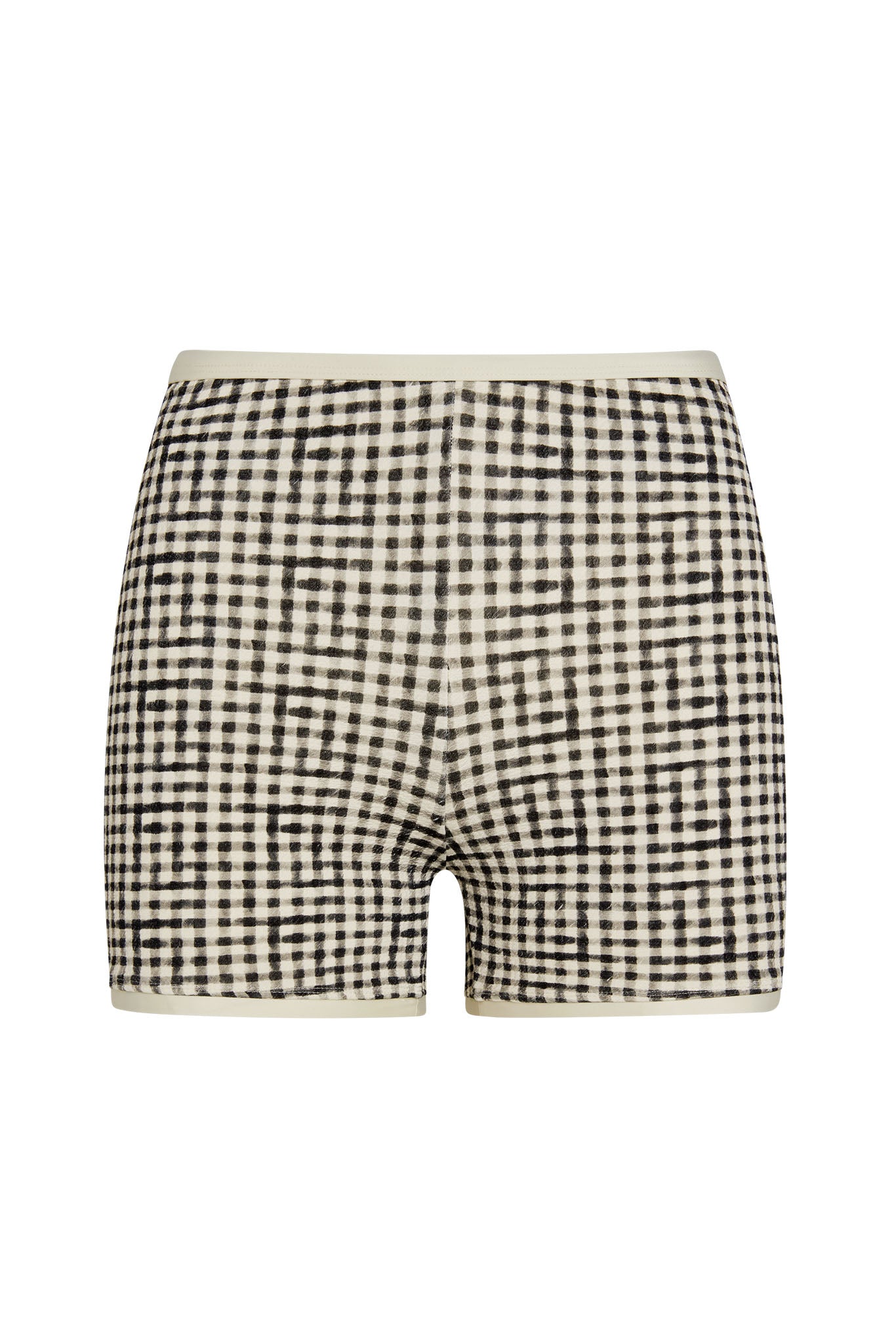 Black-and-white gingham knit boxer shorts with cream elastic waistband and leg trim