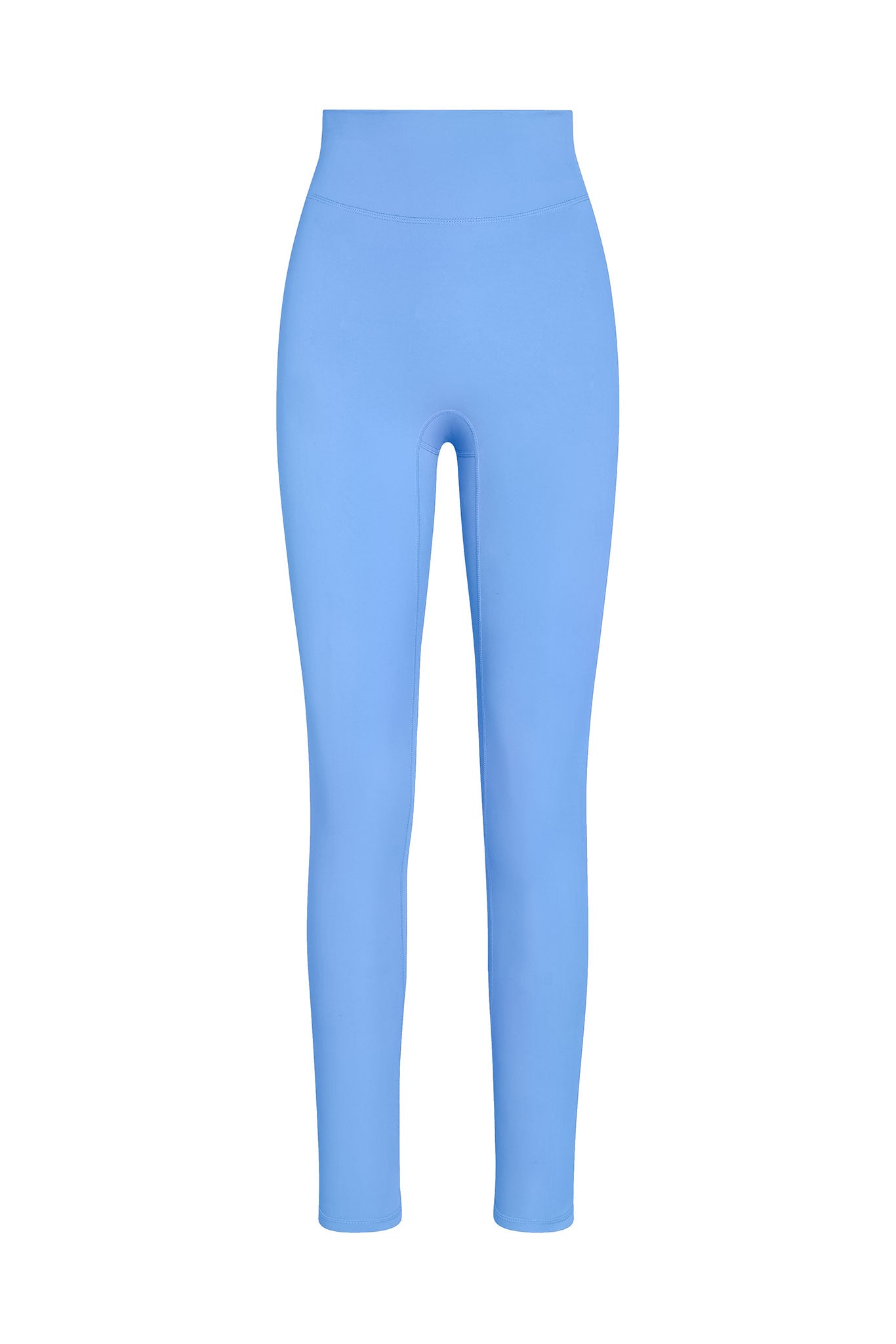 High-waisted light blue seamless leggings, front view on white background