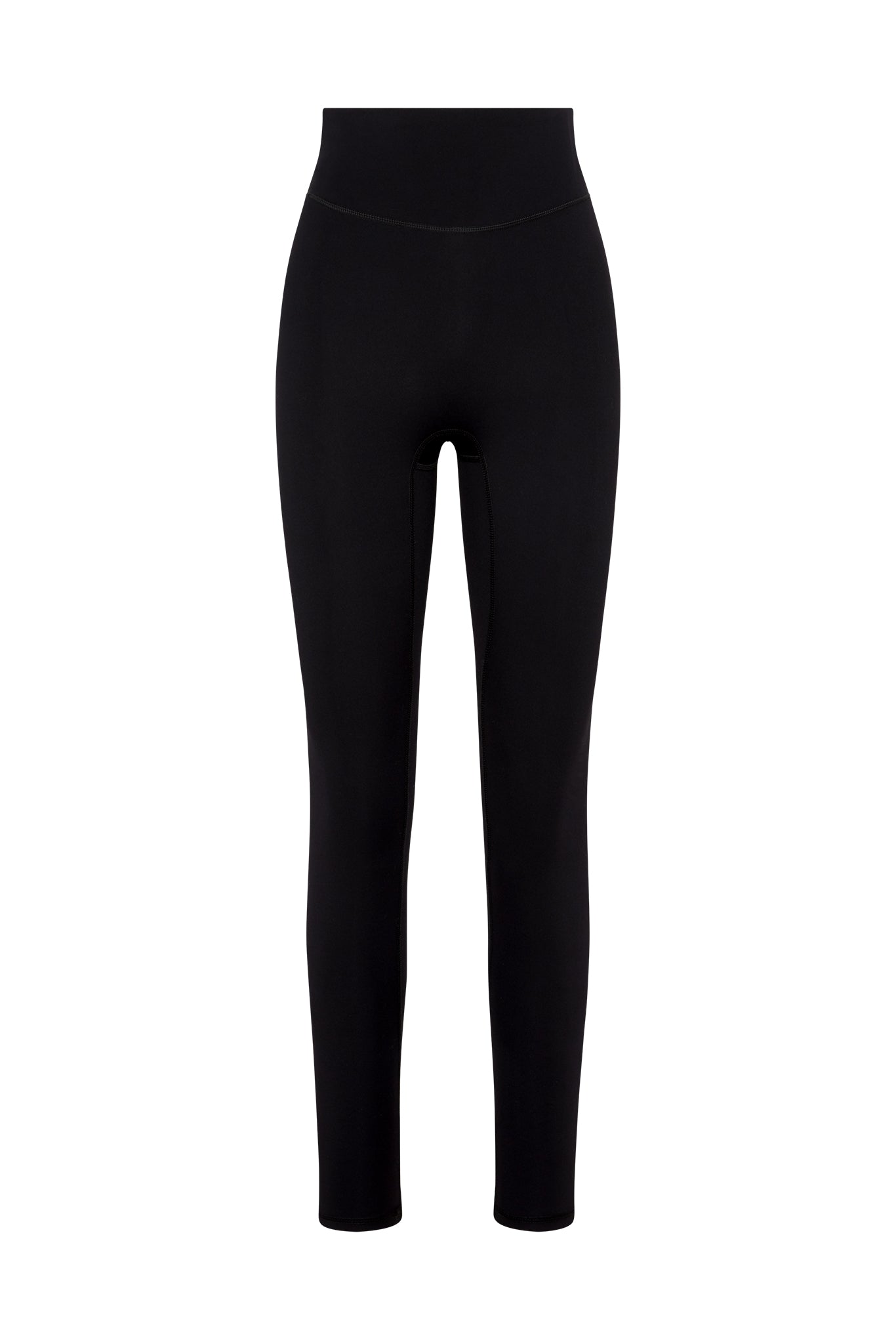 High-waisted black full-length leggings with flat waistband and visible inner-leg seams.