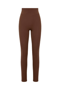 Front view of Acadia Legging 27 inch in Cliffside brown, high-rise waistband and full-length slim fit on white background
