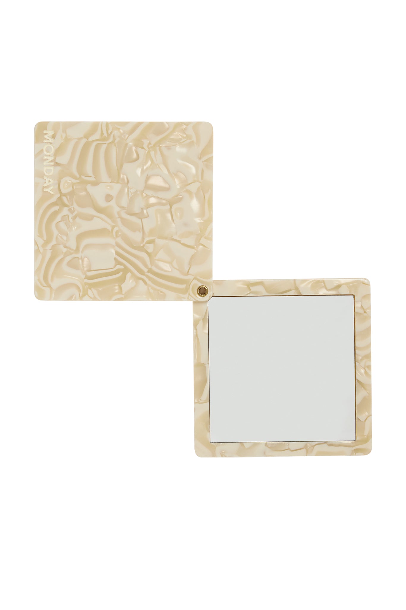 Cream marbled folding compact mirror with two hinged square panels; left panel labeled 'MONDAY'