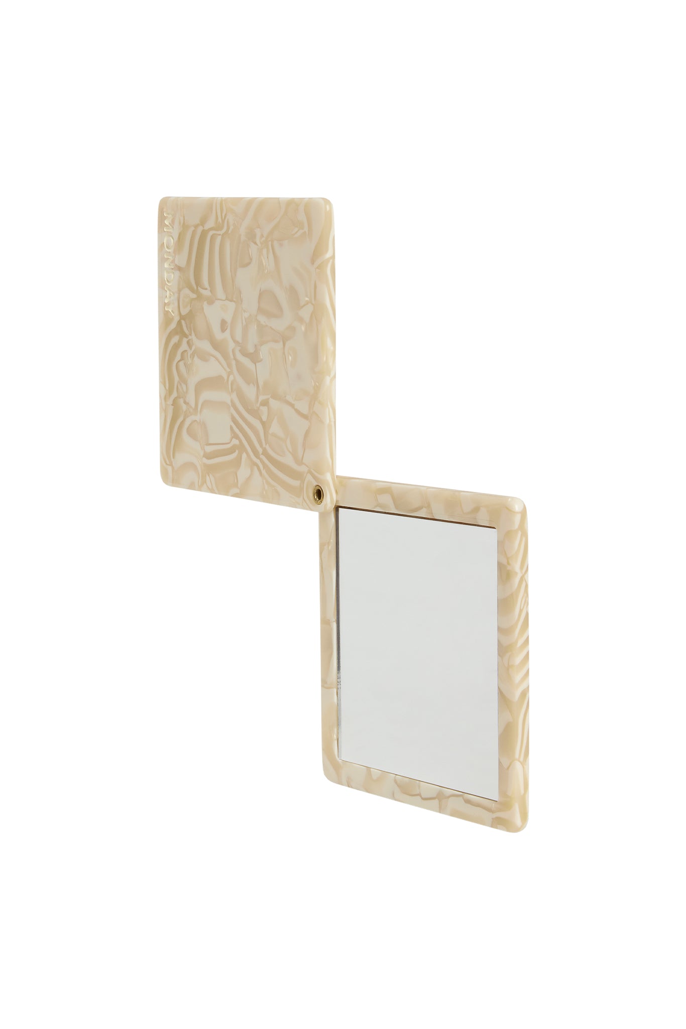 Folding hand mirror with marbled beige acetate frame; outer panel embossed MONDAY.