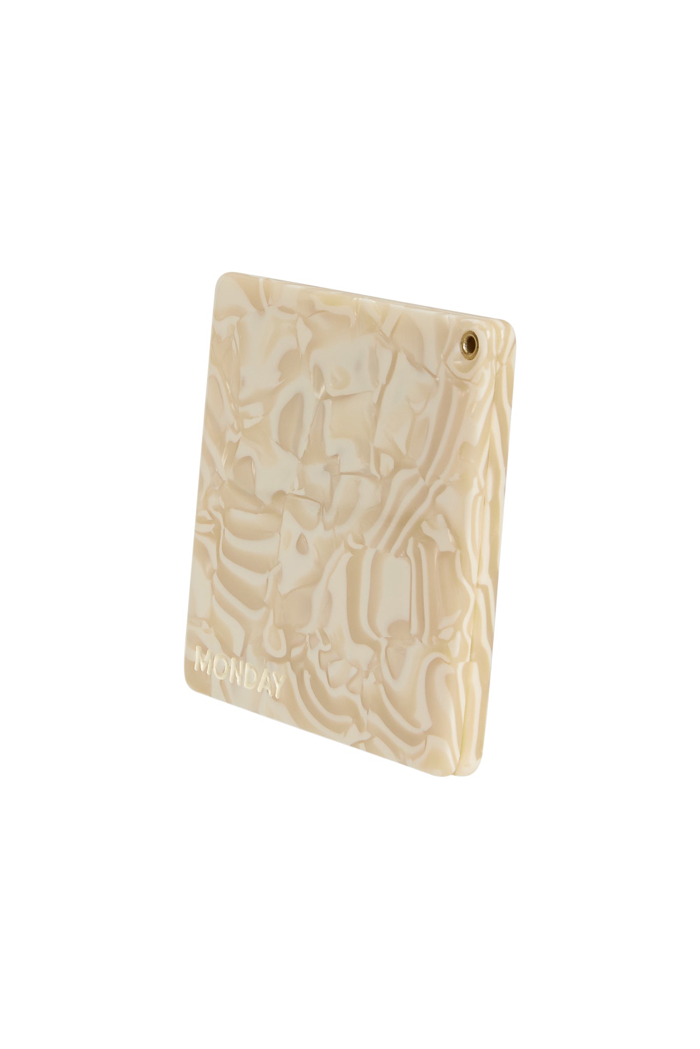 Cream marbled rectangular acrylic card with MONDAY embossed and a small brass grommet in the top corner.